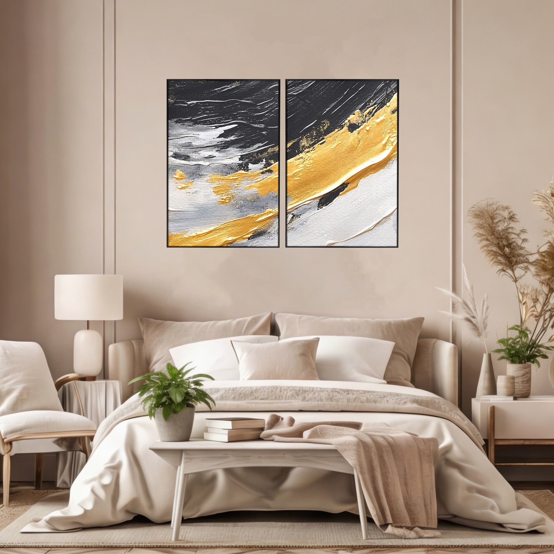 Set 2 Tablouri Canvas Premium LuxCanva® C2-1346, Valuri Abstractioniste, Abstractie, Textura, Modern, Eleganta, Living, Birou, Culori Vibrante
