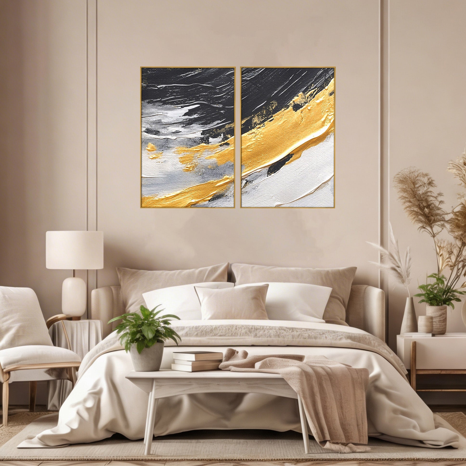 Set 2 Tablouri Canvas Premium LuxCanva® C2-1346, Valuri Abstractioniste, Abstractie, Textura, Modern, Eleganta, Living, Birou, Culori Vibrante