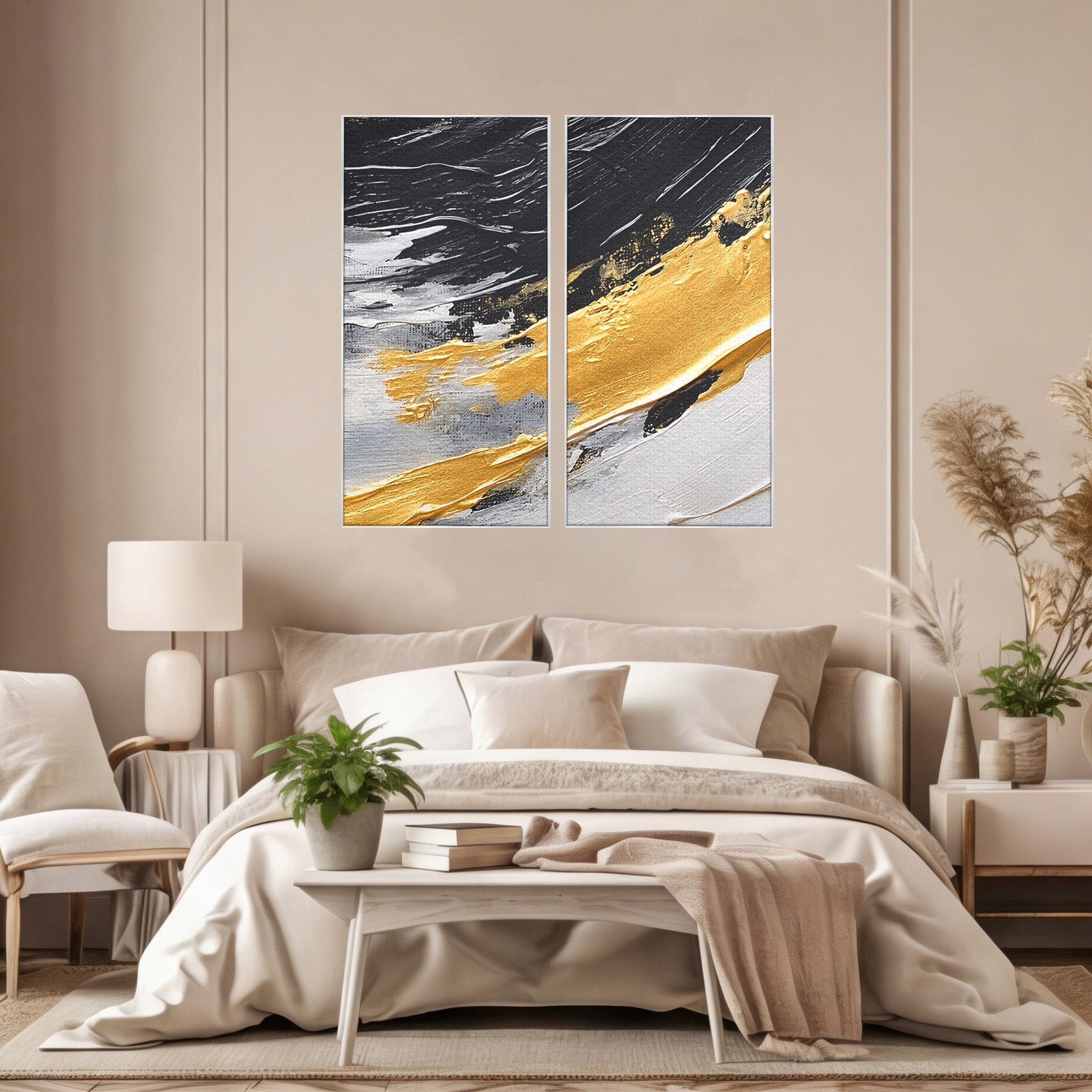 Set 2 Tablouri Canvas Premium LuxCanva® C2-1346, Valuri Abstractioniste, Abstractie, Textura, Modern, Eleganta, Living, Birou, Culori Vibrante