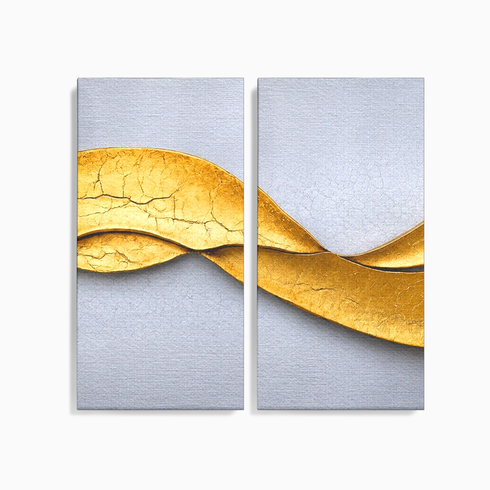 Set 2 Tablouri Canvas Premium LuxCanva® C2-1349, Curbe Aurii Abstracte, Abstract, Modern, Auriu, Textura, Birou, Culori Vibrante