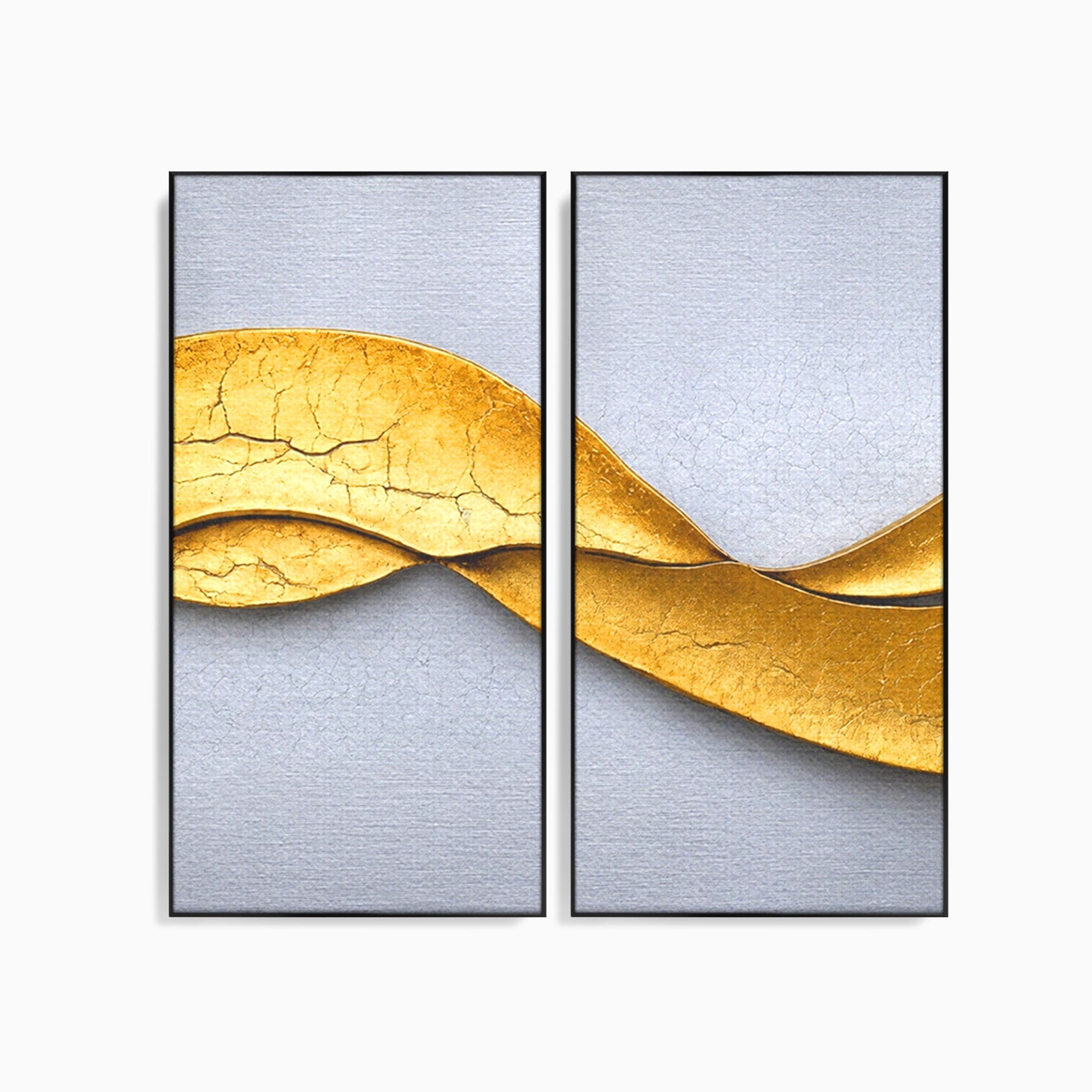 Set 2 Tablouri Canvas Premium LuxCanva® C2-1349, Curbe Aurii Abstracte, Abstract, Modern, Auriu, Textura, Birou, Culori Vibrante