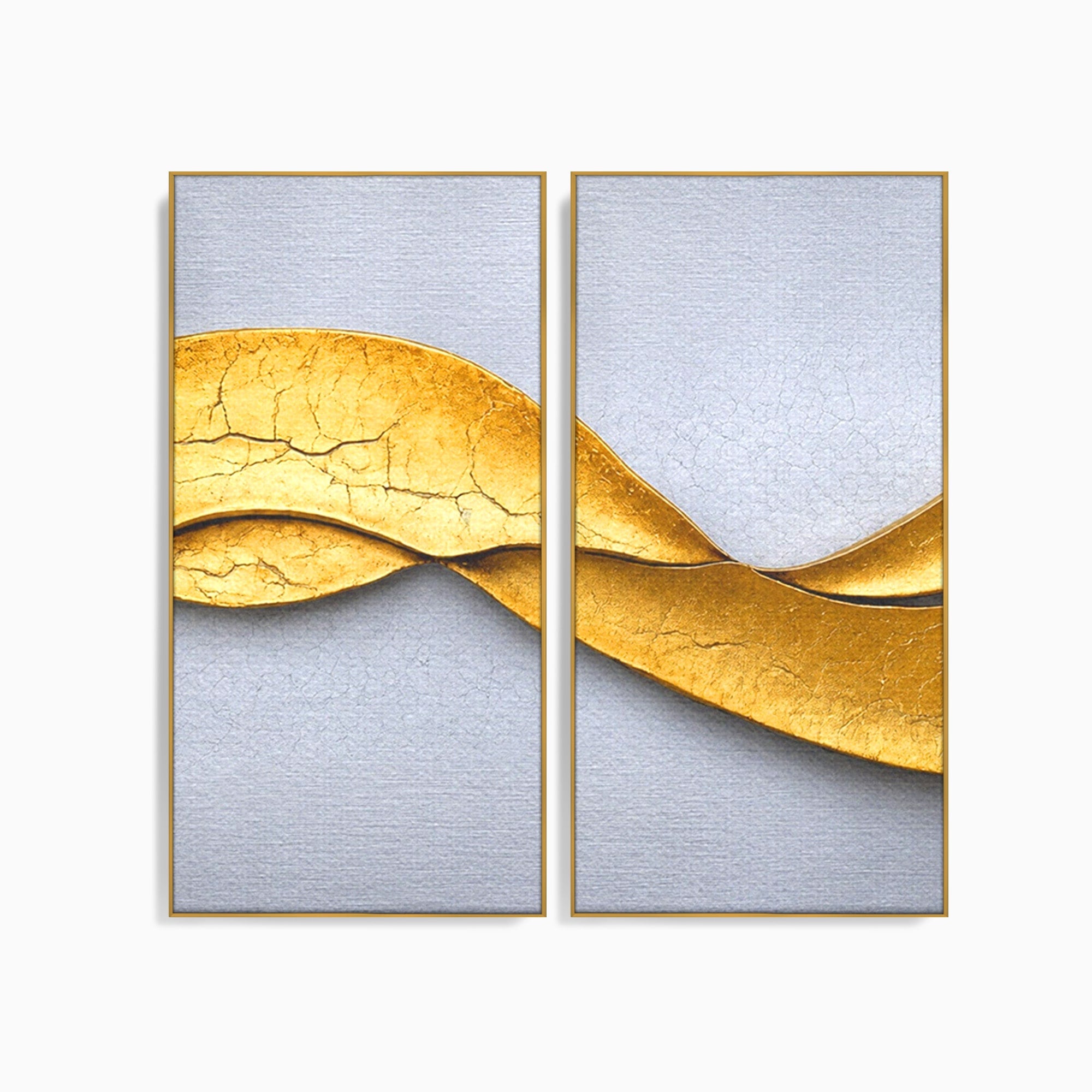 Set 2 Tablouri Canvas Premium LuxCanva® C2-1349, Curbe Aurii Abstracte, Abstract, Modern, Auriu, Textura, Birou, Culori Vibrante