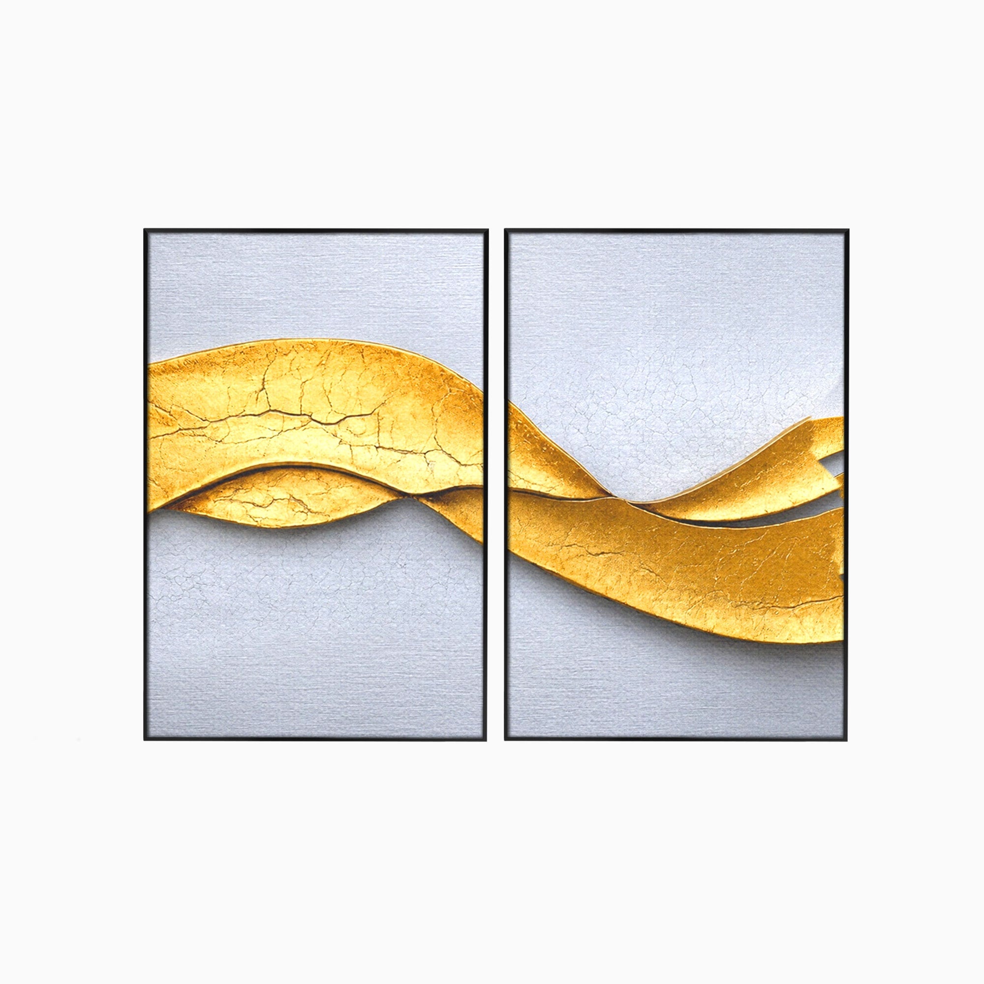 Set 2 Tablouri Canvas Premium LuxCanva® C2-1349, Curbe Aurii Abstracte, Abstract, Modern, Auriu, Textura, Birou, Culori Vibrante