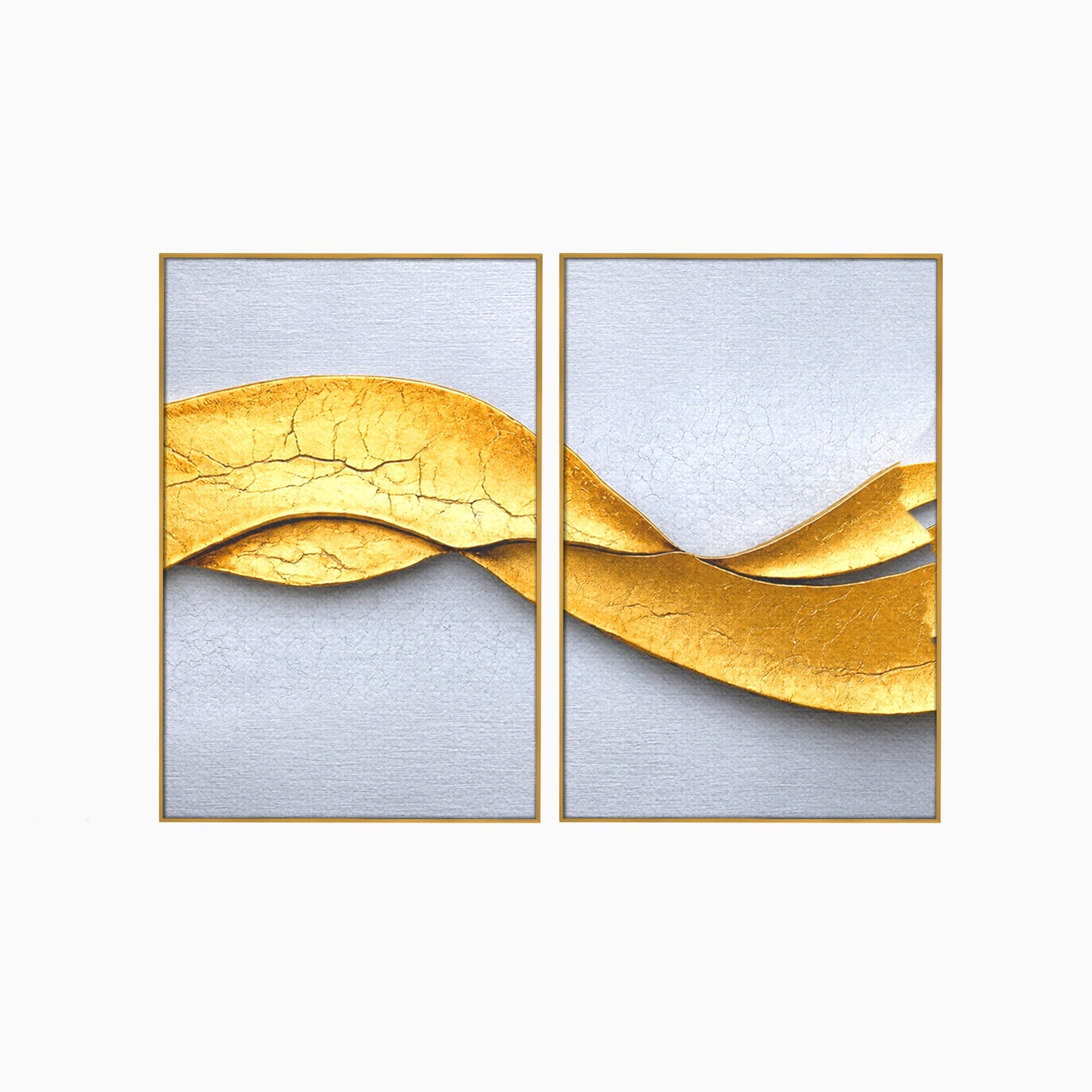 Set 2 Tablouri Canvas Premium LuxCanva® C2-1349, Curbe Aurii Abstracte, Abstract, Modern, Auriu, Textura, Birou, Culori Vibrante