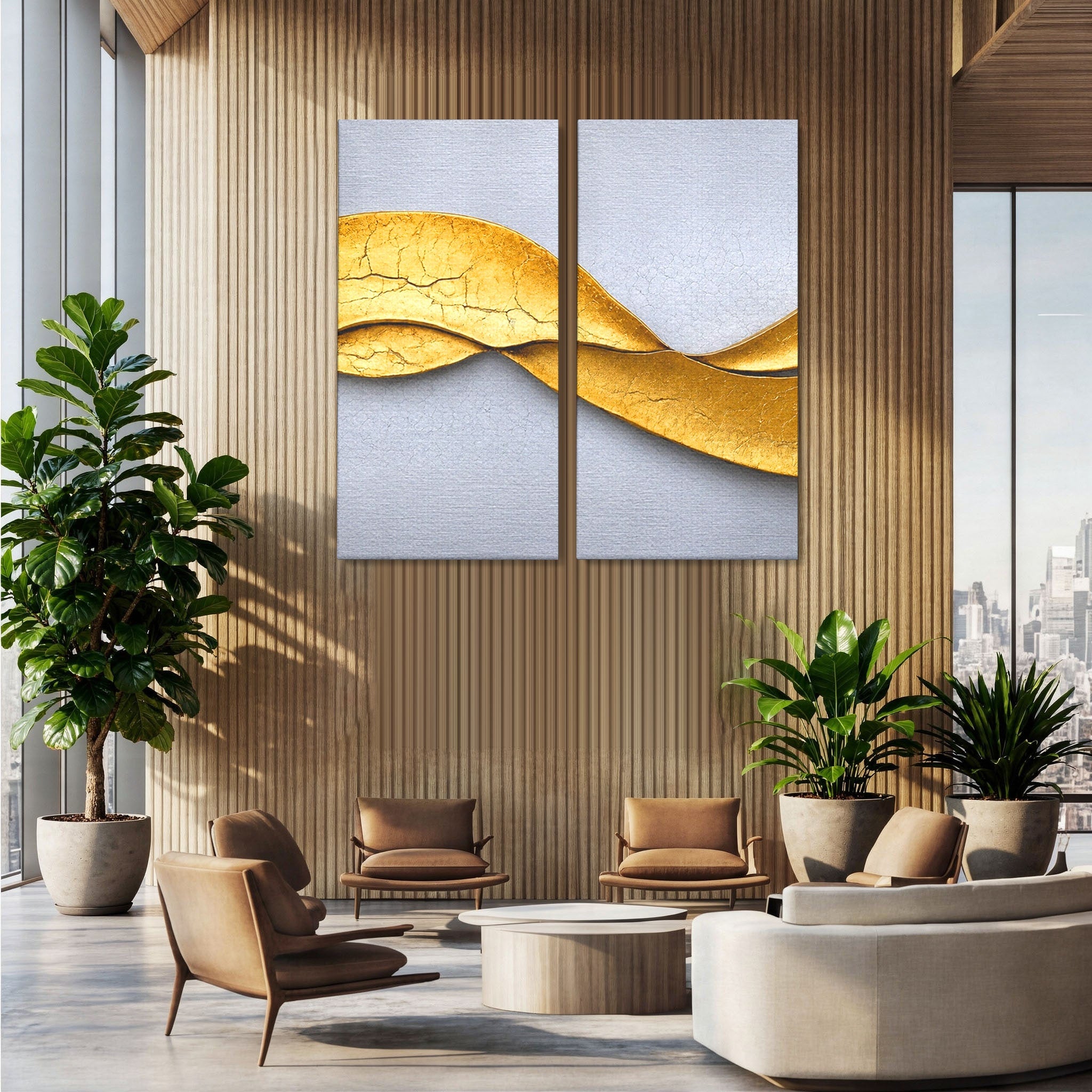 Set 2 Tablouri Canvas Premium LuxCanva® C2-1349, Curbe Aurii Abstracte, Abstract, Modern, Auriu, Textura, Birou, Culori Vibrante
