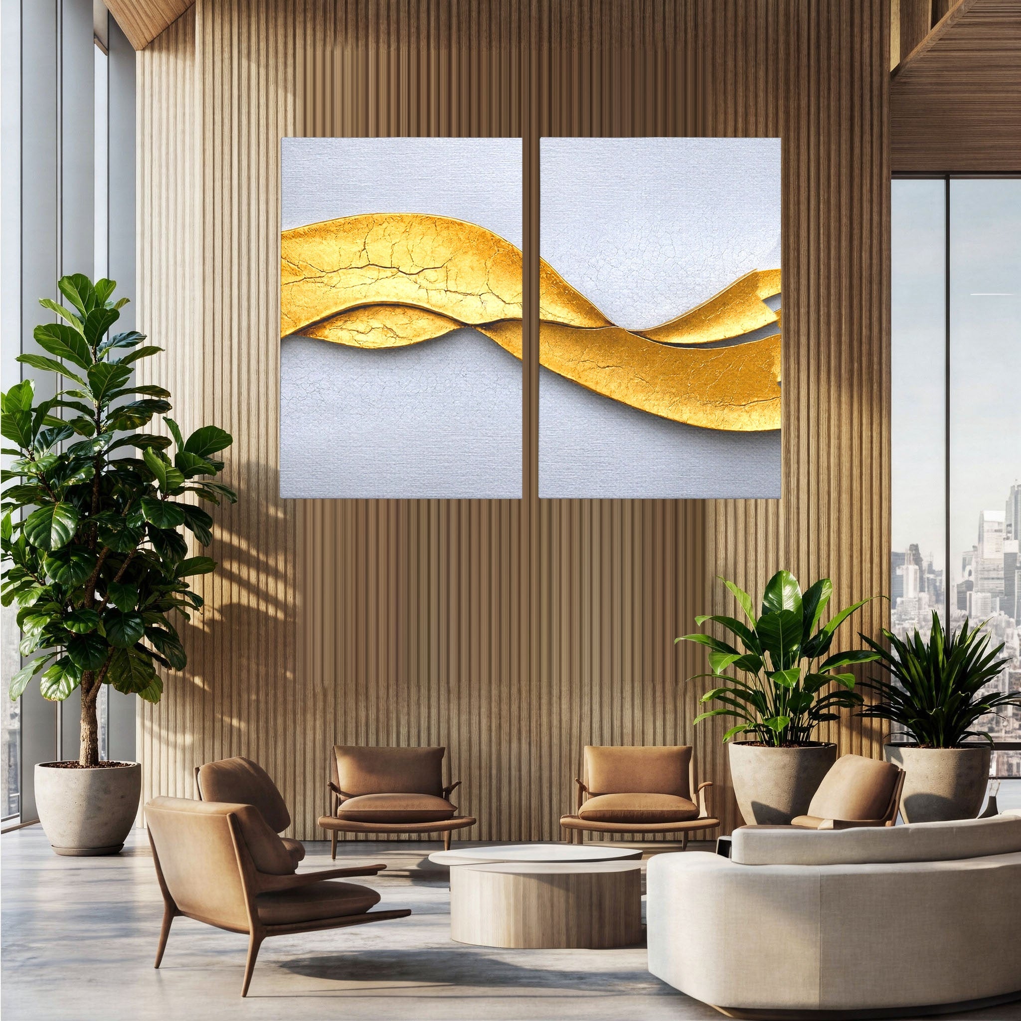 Set 2 Tablouri Canvas Premium LuxCanva® C2-1349, Curbe Aurii Abstracte, Abstract, Modern, Auriu, Textura, Birou, Culori Vibrante