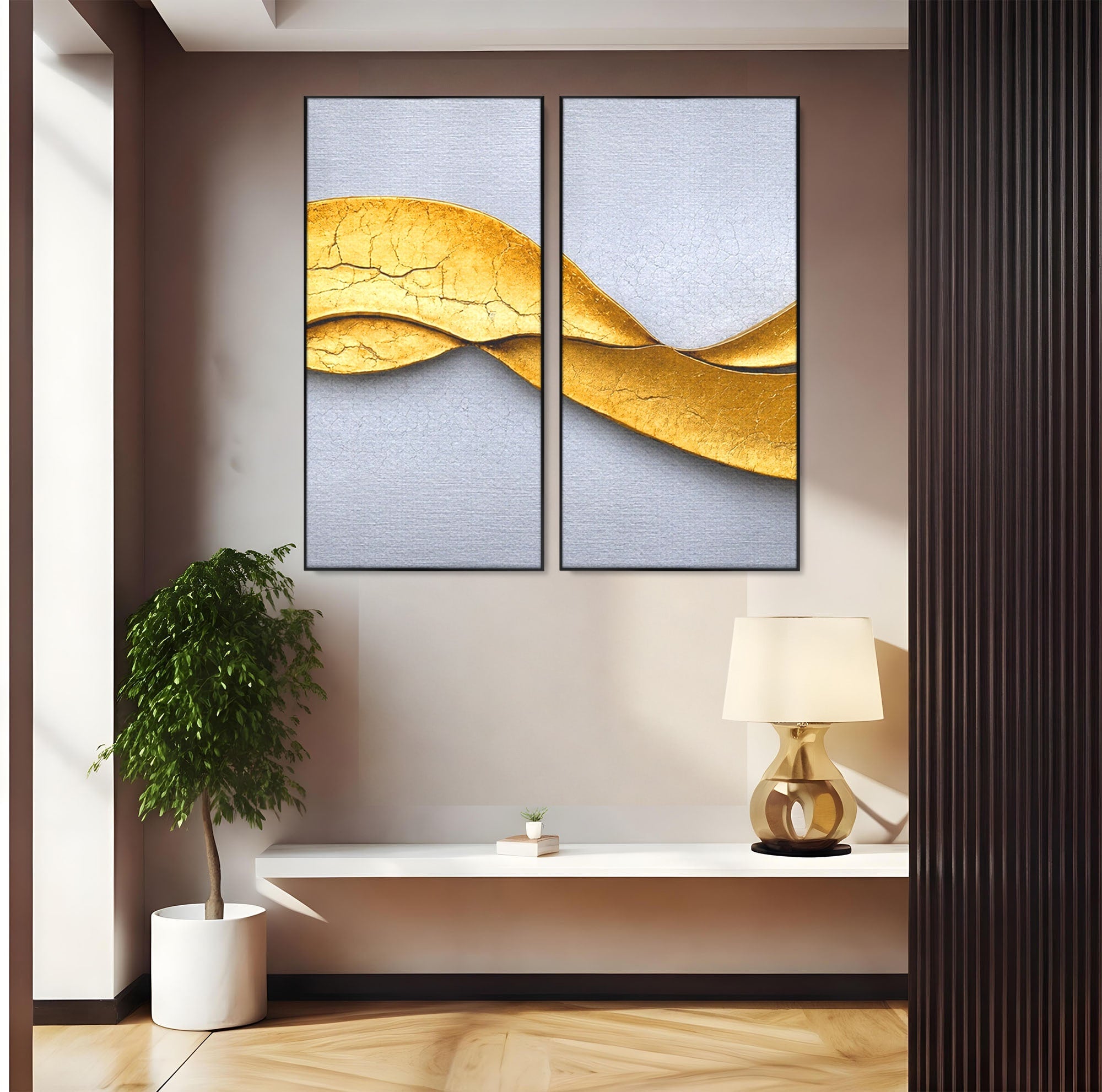 Set 2 Tablouri Canvas Premium LuxCanva® C2-1349, Curbe Aurii Abstracte, Abstract, Modern, Auriu, Textura, Birou, Culori Vibrante
