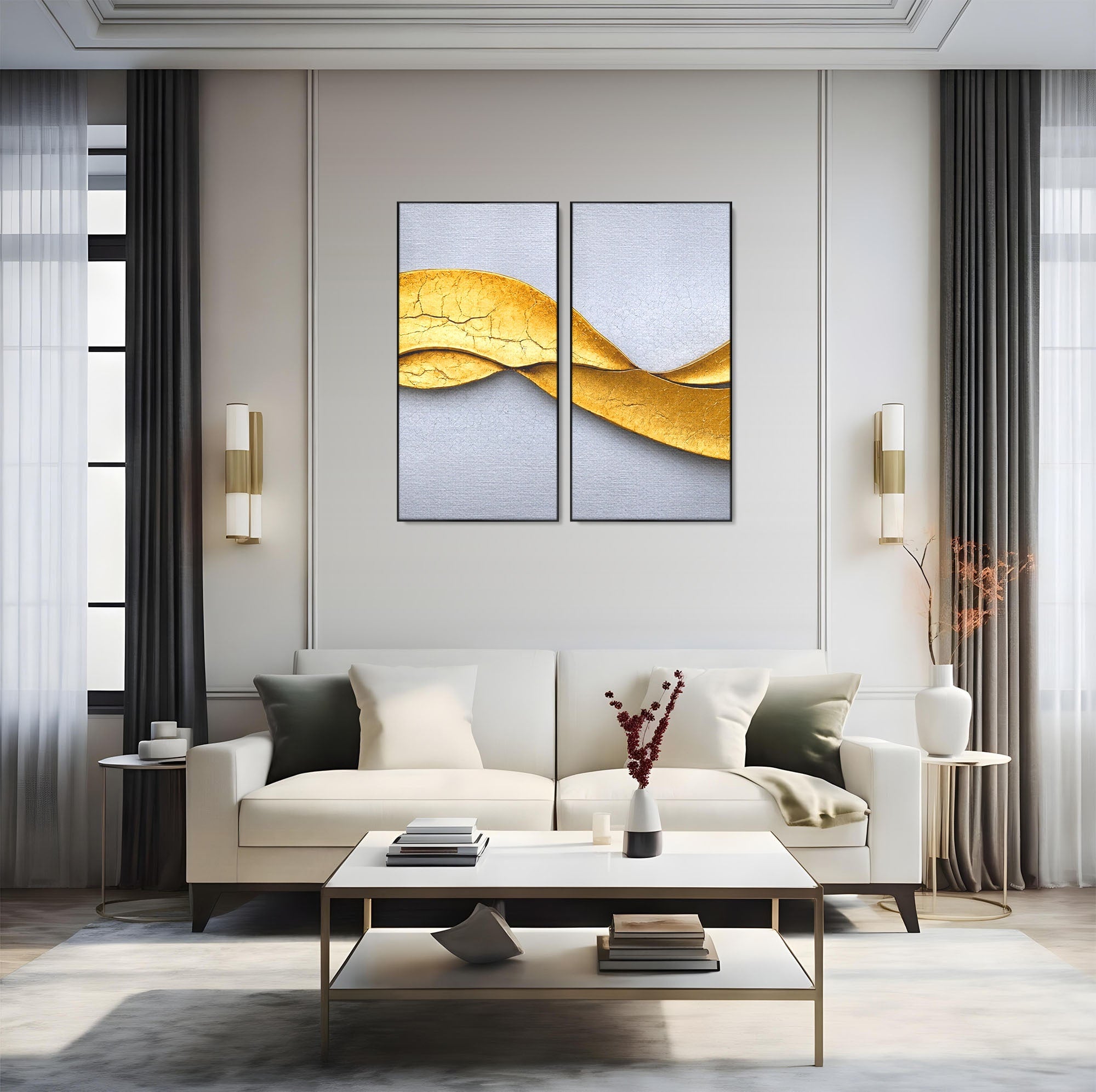 Set 2 Tablouri Canvas Premium LuxCanva® C2-1349, Curbe Aurii Abstracte, Abstract, Modern, Auriu, Textura, Birou, Culori Vibrante