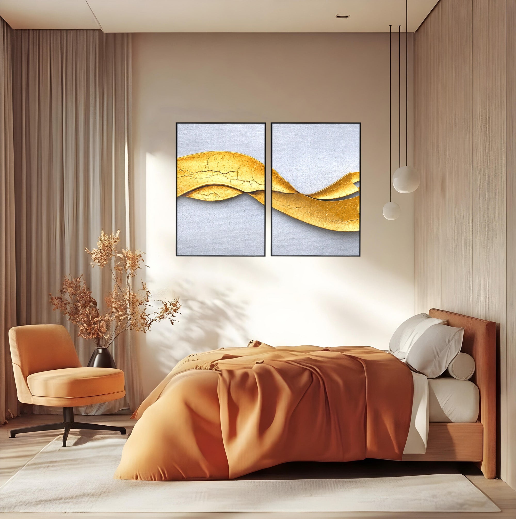 Set 2 Tablouri Canvas Premium LuxCanva® C2-1349, Curbe Aurii Abstracte, Abstract, Modern, Auriu, Textura, Birou, Culori Vibrante