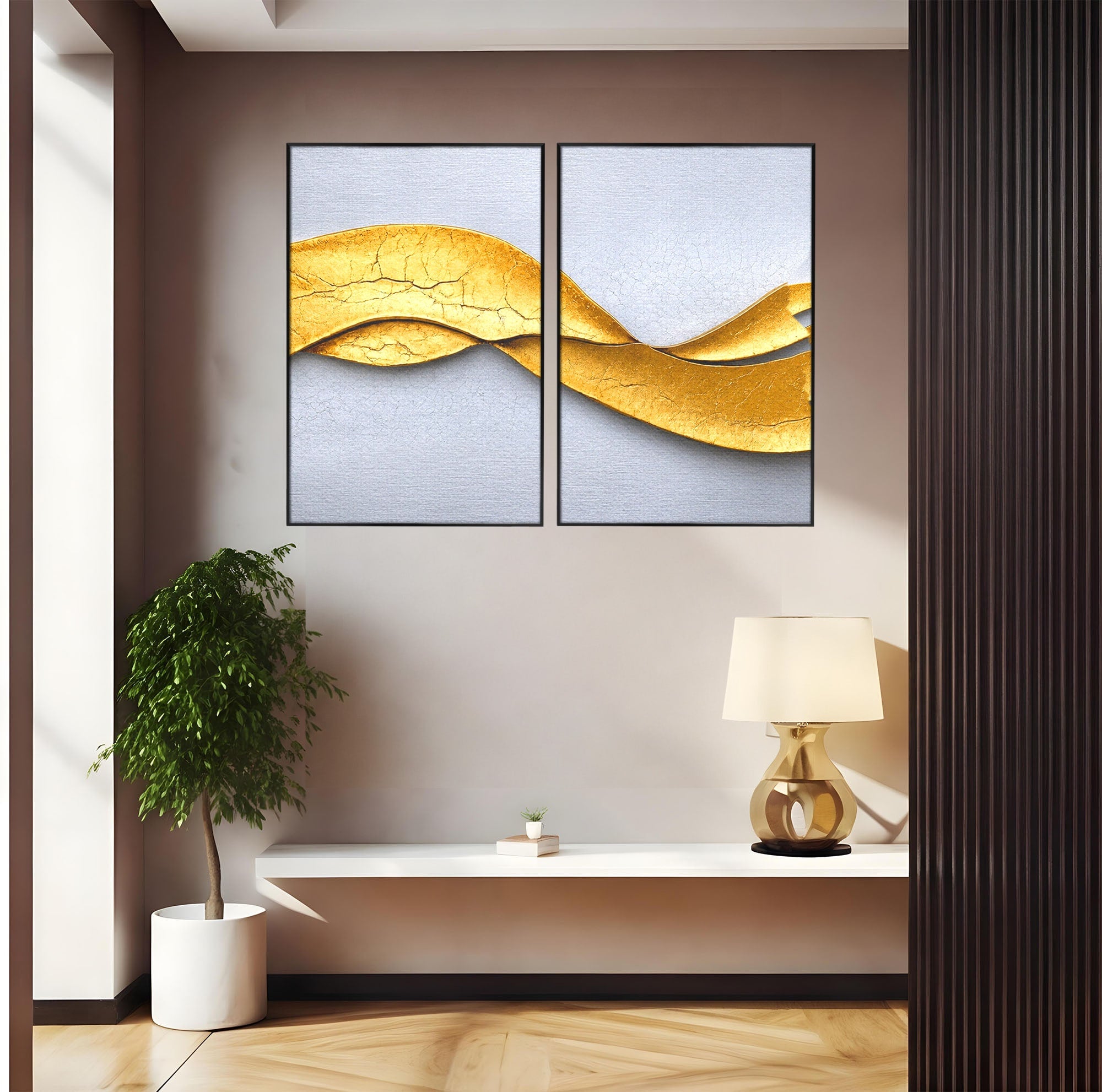 Set 2 Tablouri Canvas Premium LuxCanva® C2-1349, Curbe Aurii Abstracte, Abstract, Modern, Auriu, Textura, Birou, Culori Vibrante
