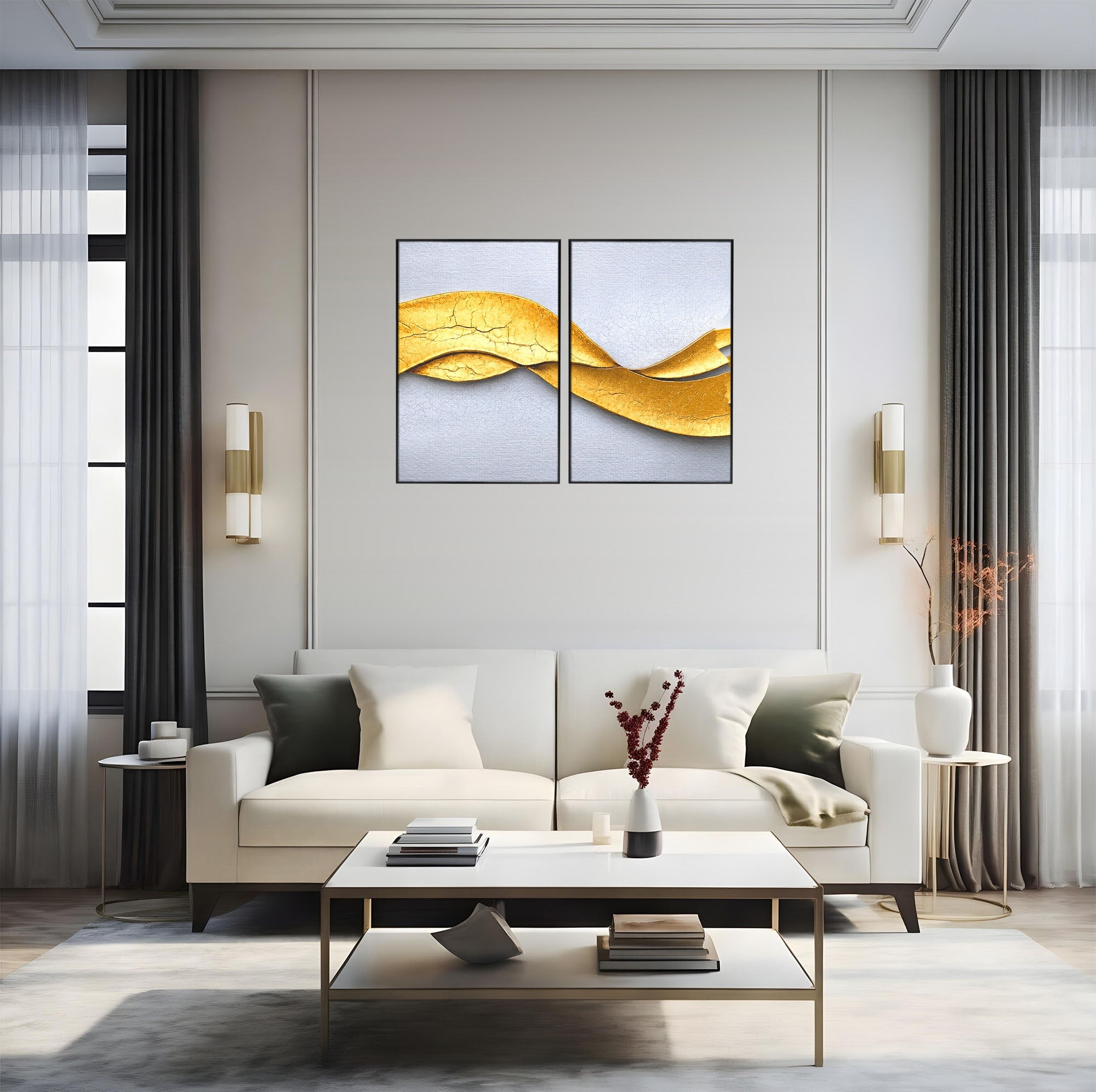 Set 2 Tablouri Canvas Premium LuxCanva® C2-1349, Curbe Aurii Abstracte, Abstract, Modern, Auriu, Textura, Birou, Culori Vibrante