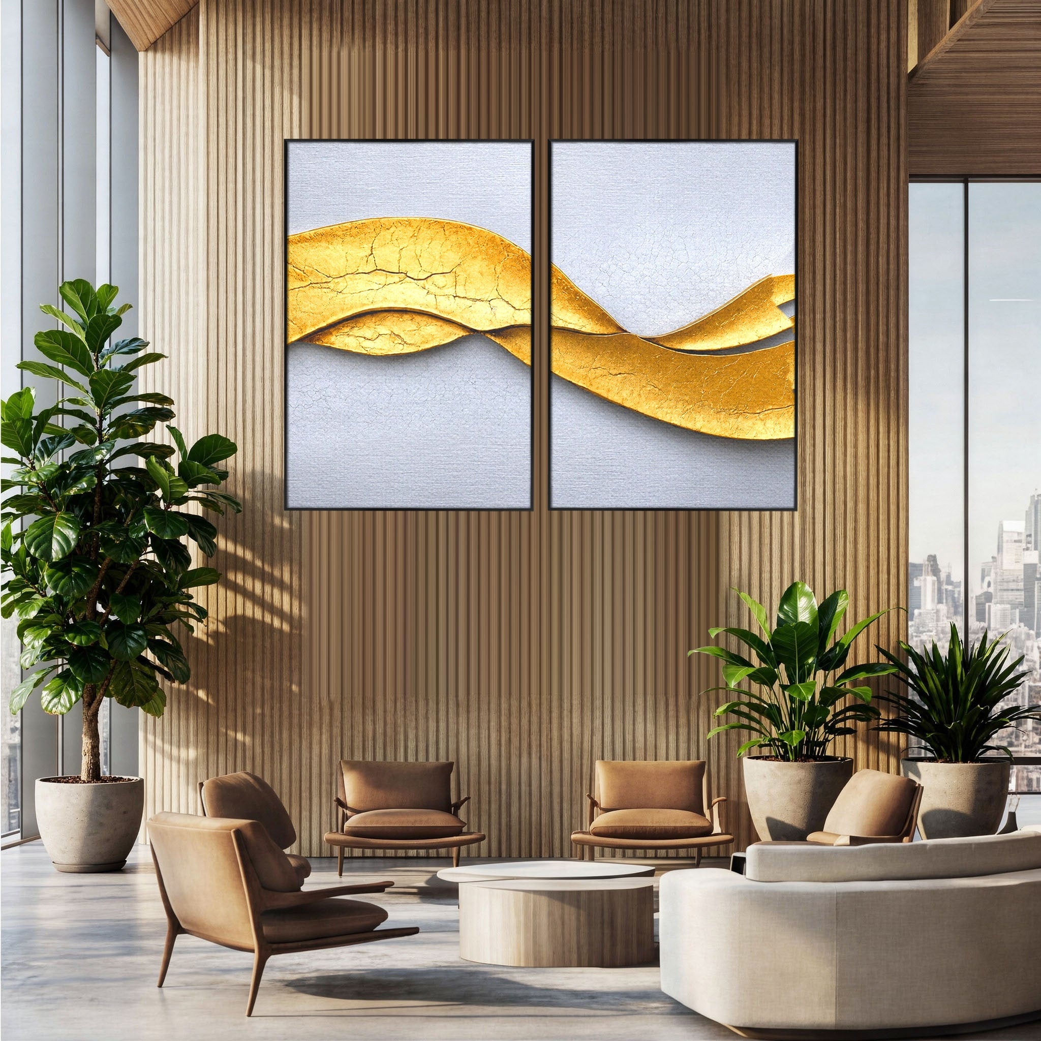 Set 2 Tablouri Canvas Premium LuxCanva® C2-1349, Curbe Aurii Abstracte, Abstract, Modern, Auriu, Textura, Birou, Culori Vibrante