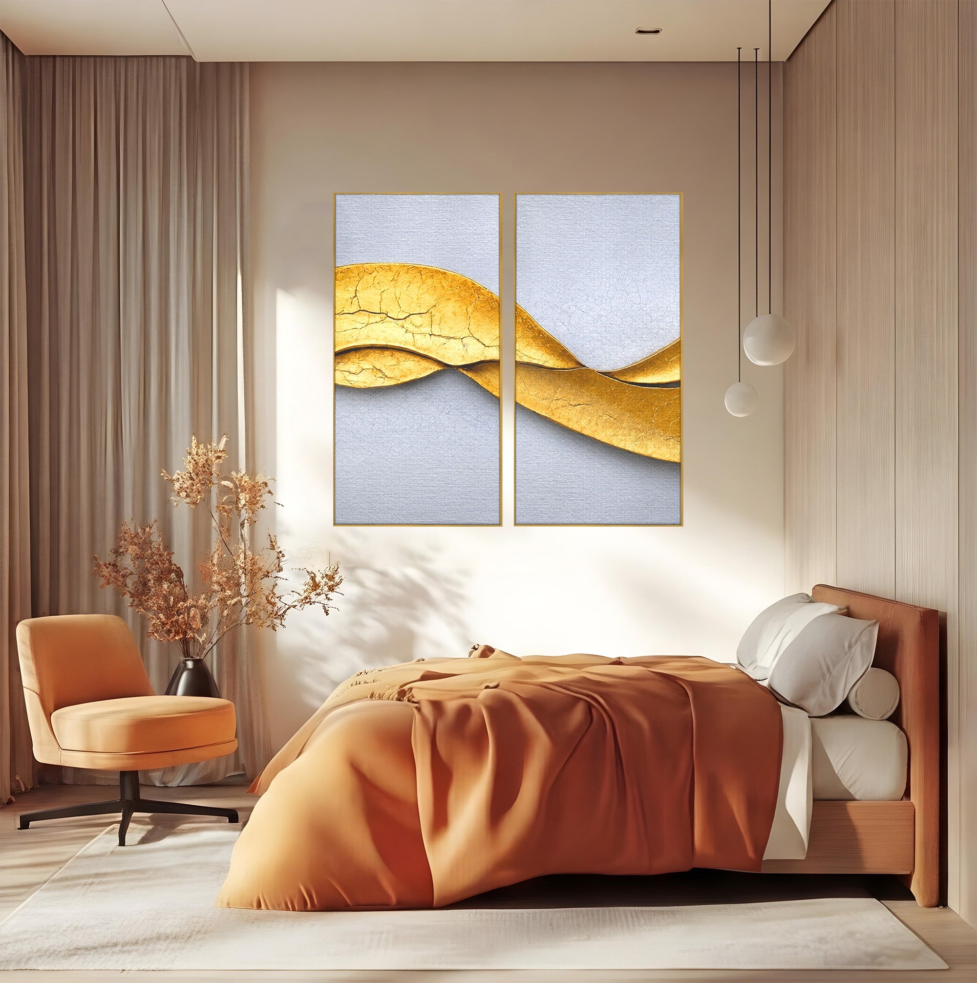 Set 2 Tablouri Canvas Premium LuxCanva® C2-1349, Curbe Aurii Abstracte, Abstract, Modern, Auriu, Textura, Birou, Culori Vibrante
