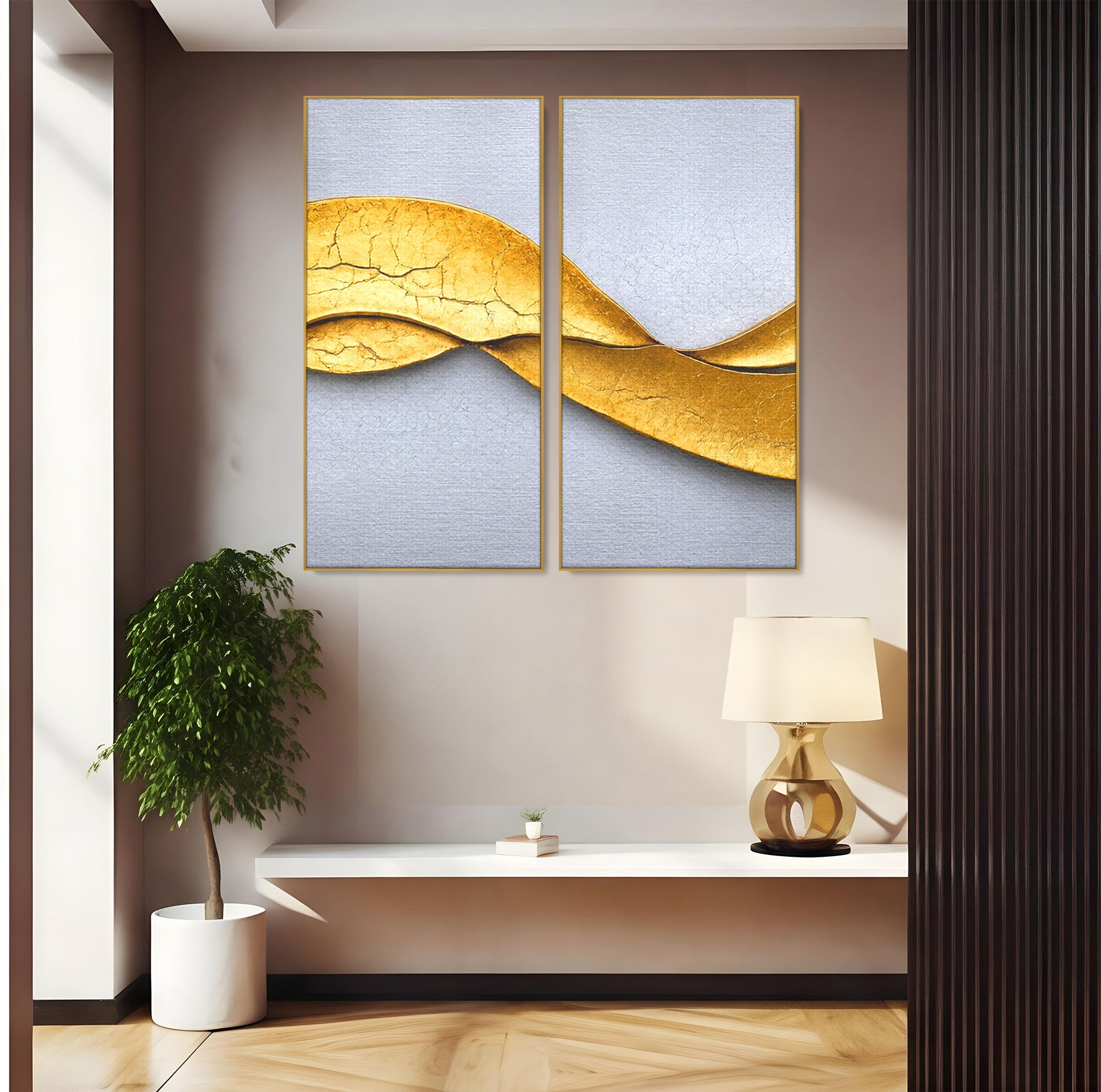 Set 2 Tablouri Canvas Premium LuxCanva® C2-1349, Curbe Aurii Abstracte, Abstract, Modern, Auriu, Textura, Birou, Culori Vibrante