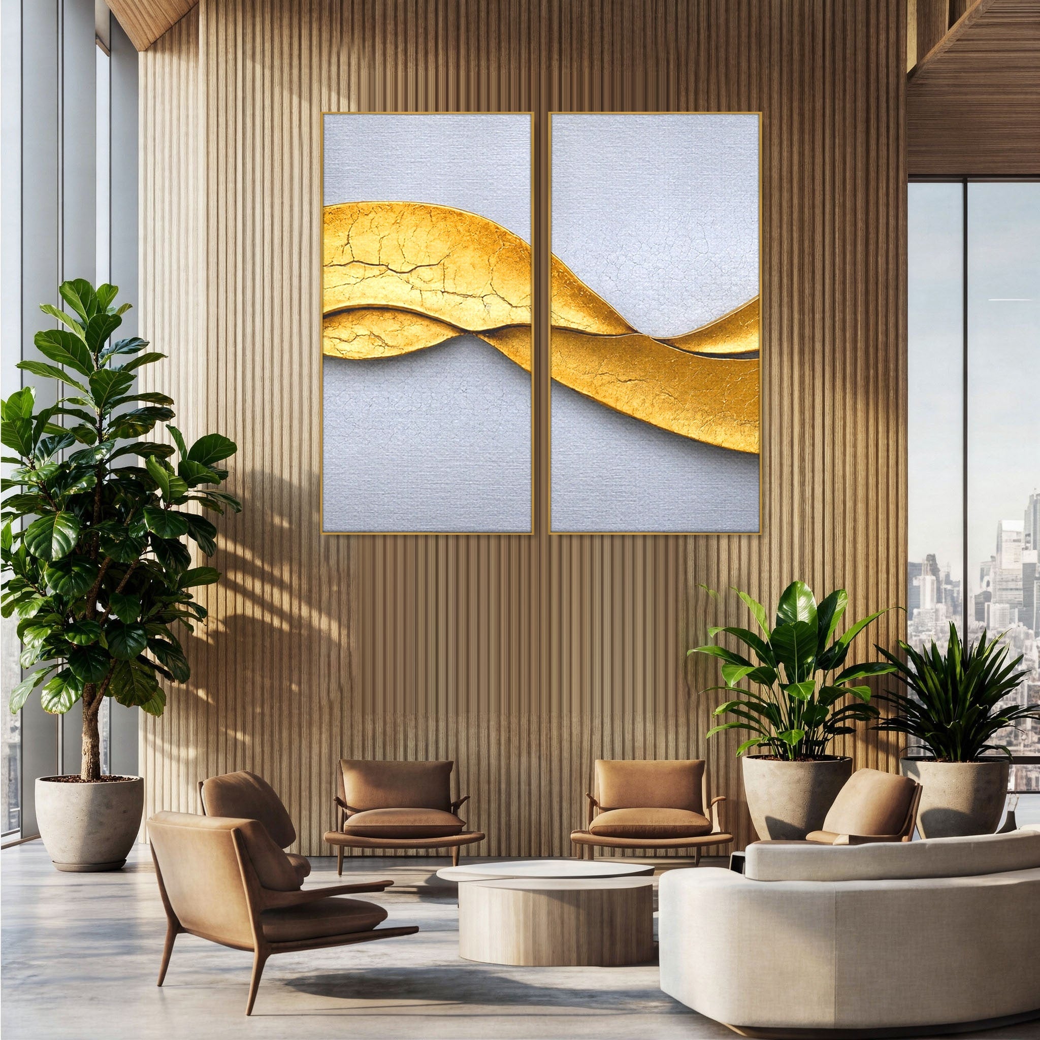 Set 2 Tablouri Canvas Premium LuxCanva® C2-1349, Curbe Aurii Abstracte, Abstract, Modern, Auriu, Textura, Birou, Culori Vibrante