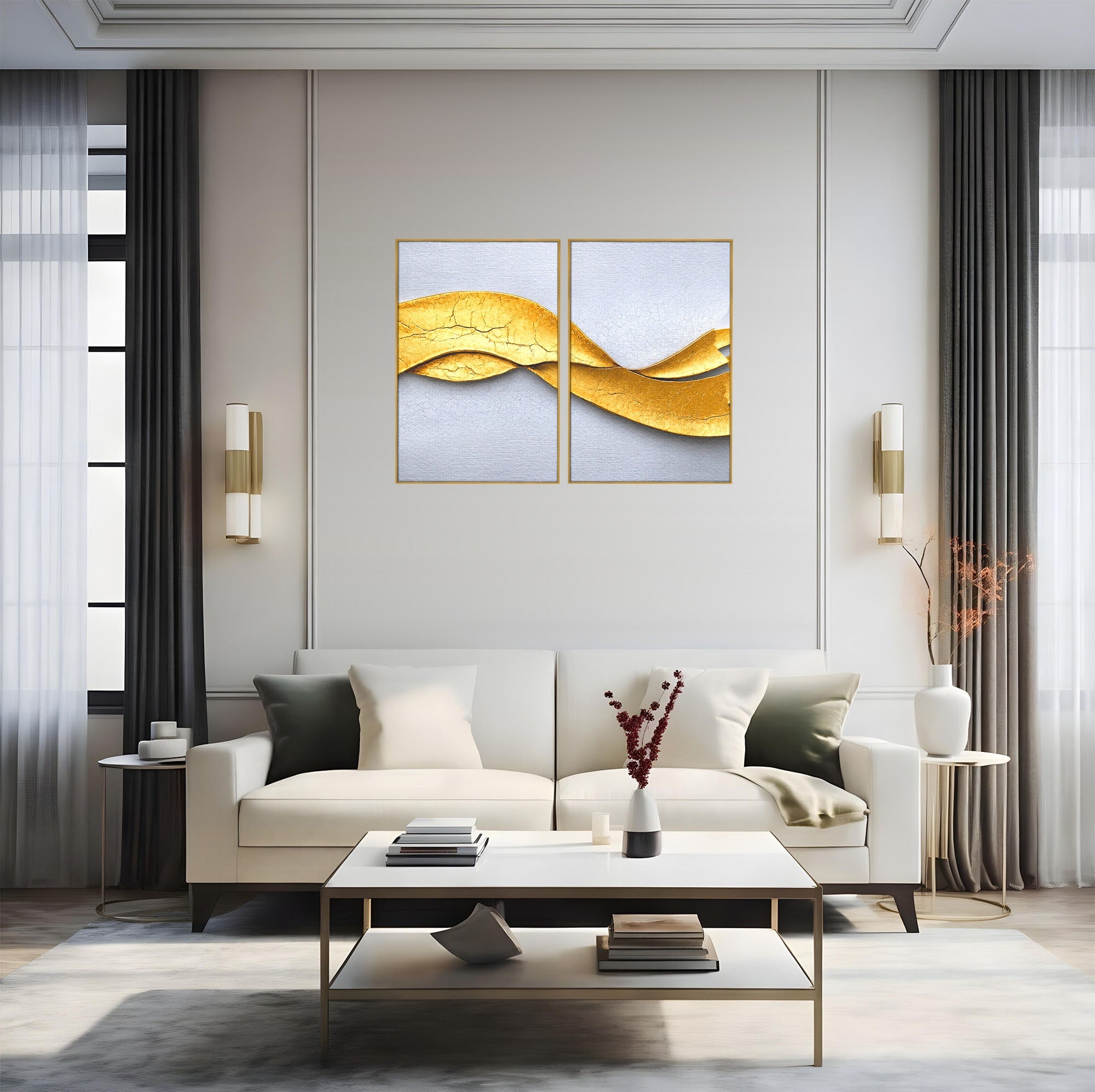 Set 2 Tablouri Canvas Premium LuxCanva® C2-1349, Curbe Aurii Abstracte, Abstract, Modern, Auriu, Textura, Birou, Culori Vibrante
