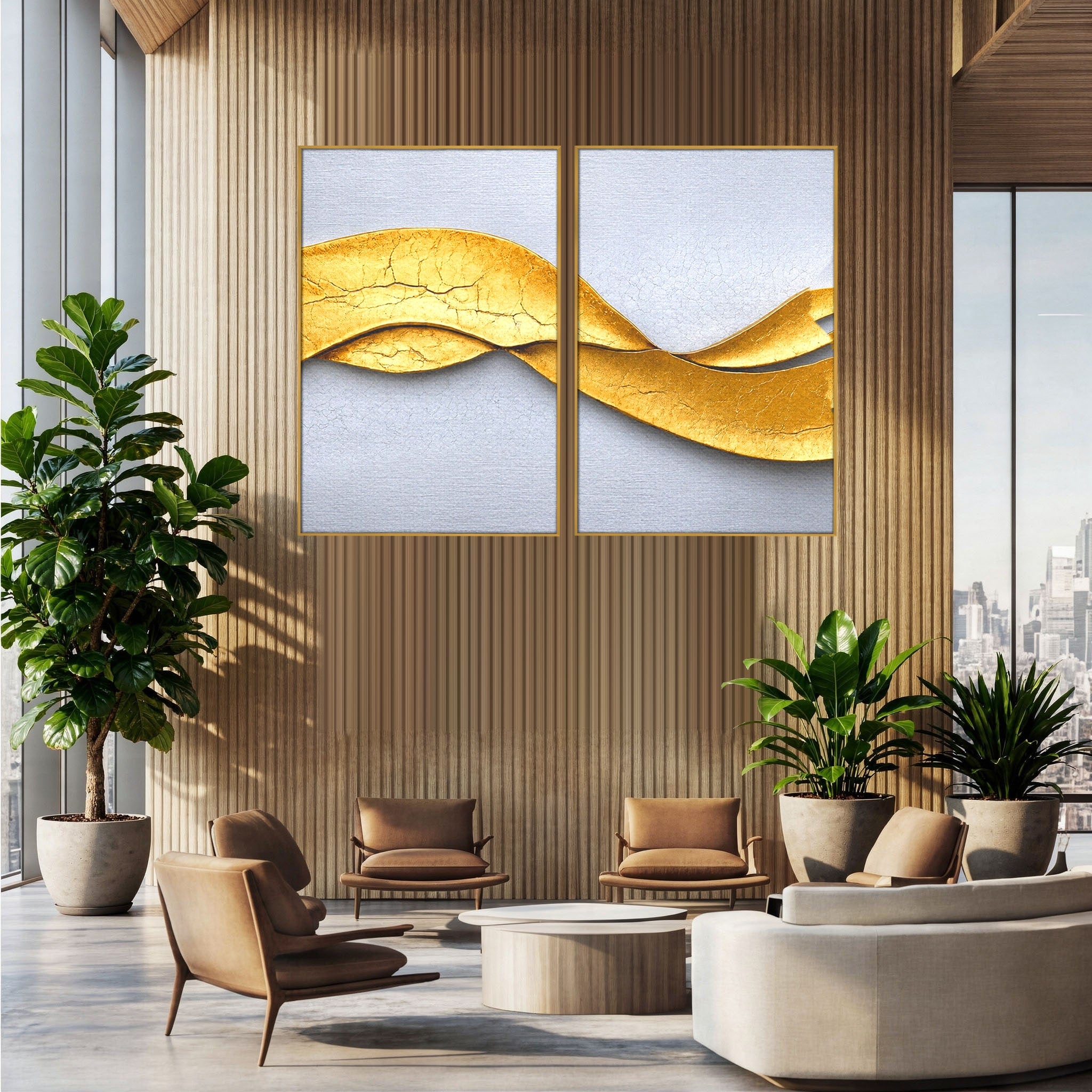 Set 2 Tablouri Canvas Premium LuxCanva® C2-1349, Curbe Aurii Abstracte, Abstract, Modern, Auriu, Textura, Birou, Culori Vibrante