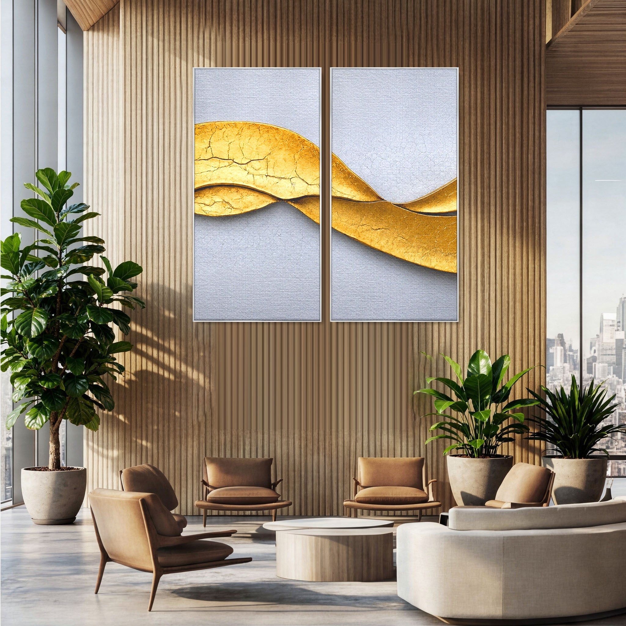 Set 2 Tablouri Canvas Premium LuxCanva® C2-1349, Curbe Aurii Abstracte, Abstract, Modern, Auriu, Textura, Birou, Culori Vibrante