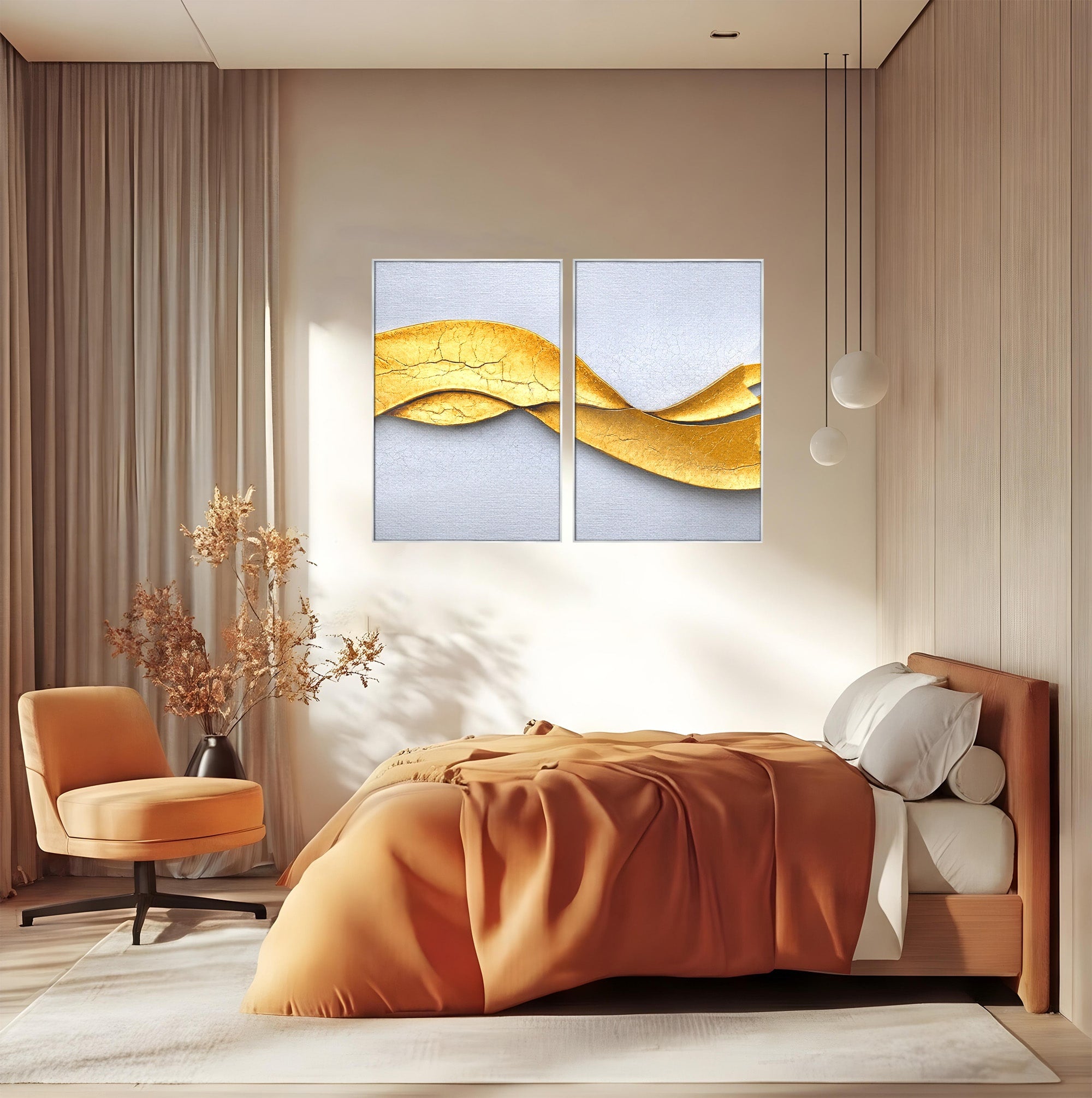 Set 2 Tablouri Canvas Premium LuxCanva® C2-1349, Curbe Aurii Abstracte, Abstract, Modern, Auriu, Textura, Birou, Culori Vibrante