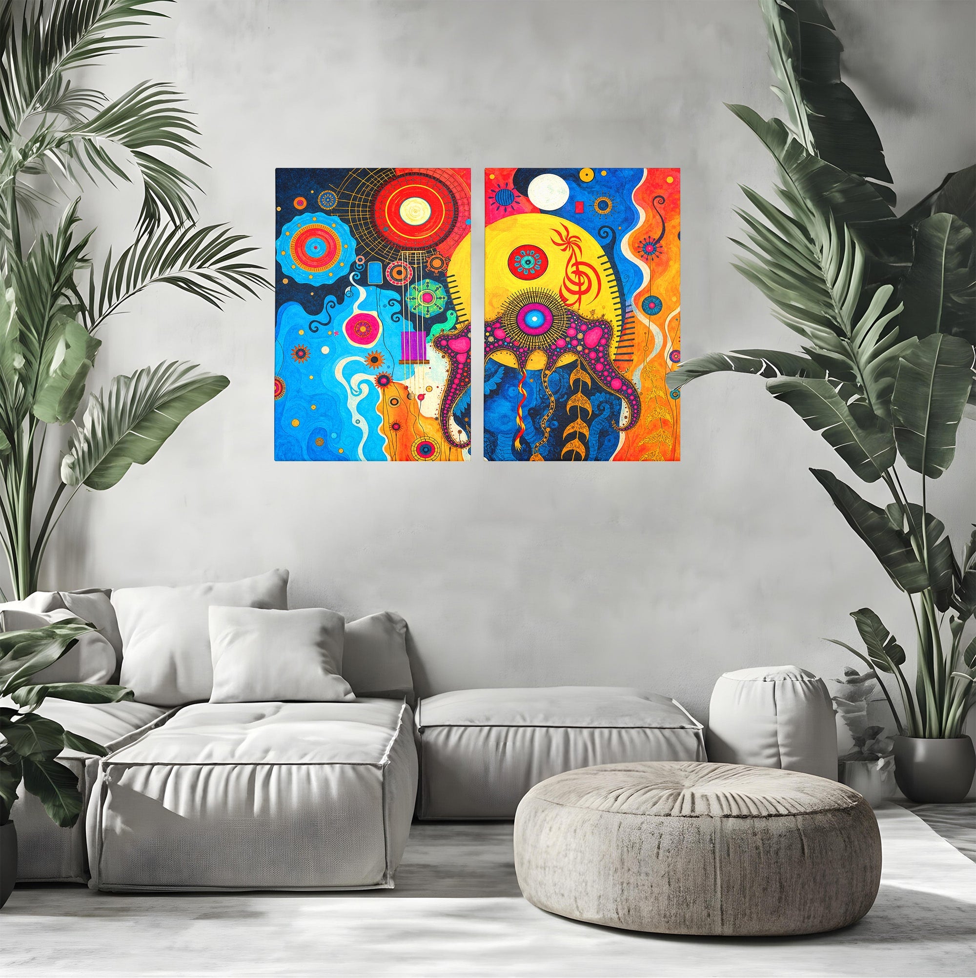 Set 2 Tablouri Canvas Premium LuxCanva® C2-1359, Universul Abstract, Abstract, Spatiu, Planete, Dormitor, Living, Culori Vibrante