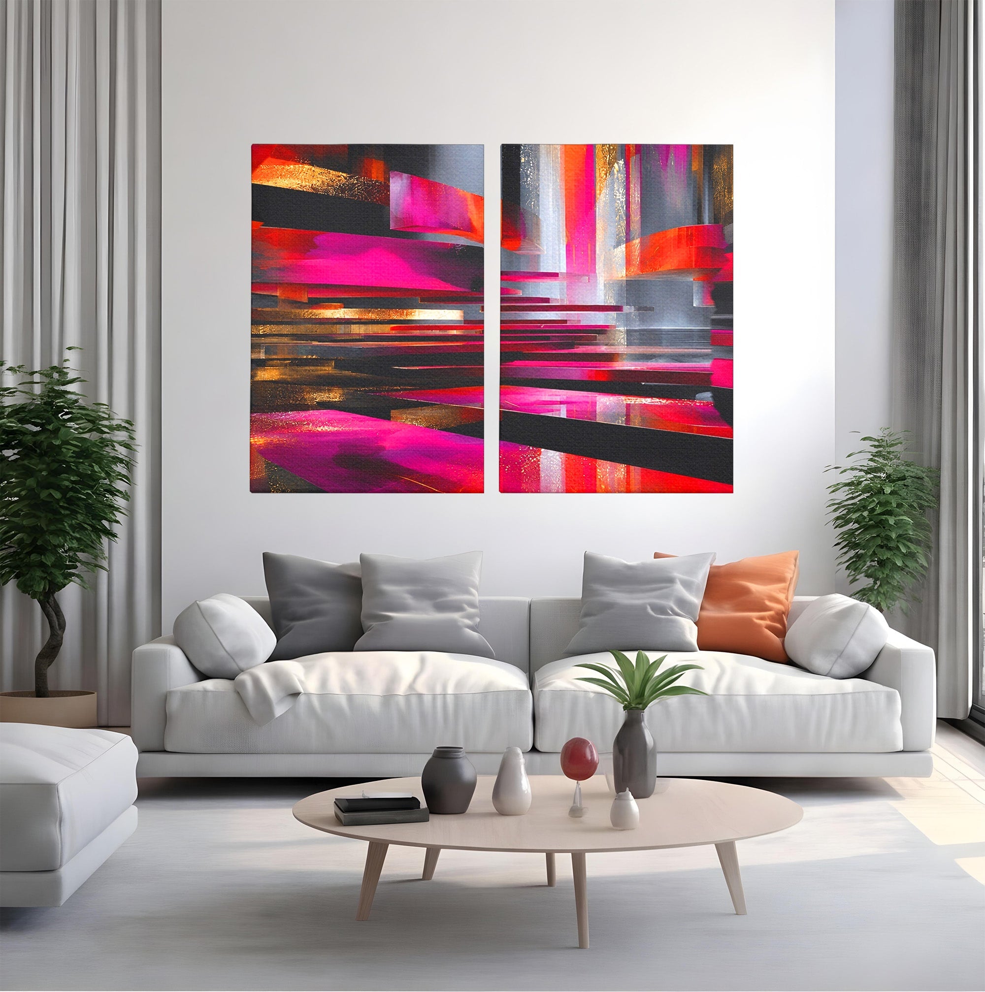 Set 2 Tablouri Canvas Premium LuxCanva® C2-1360, Arhitectura Abstracta, Abstract, Arhitectura, Modern, Living, Birou, Culori Vibrante