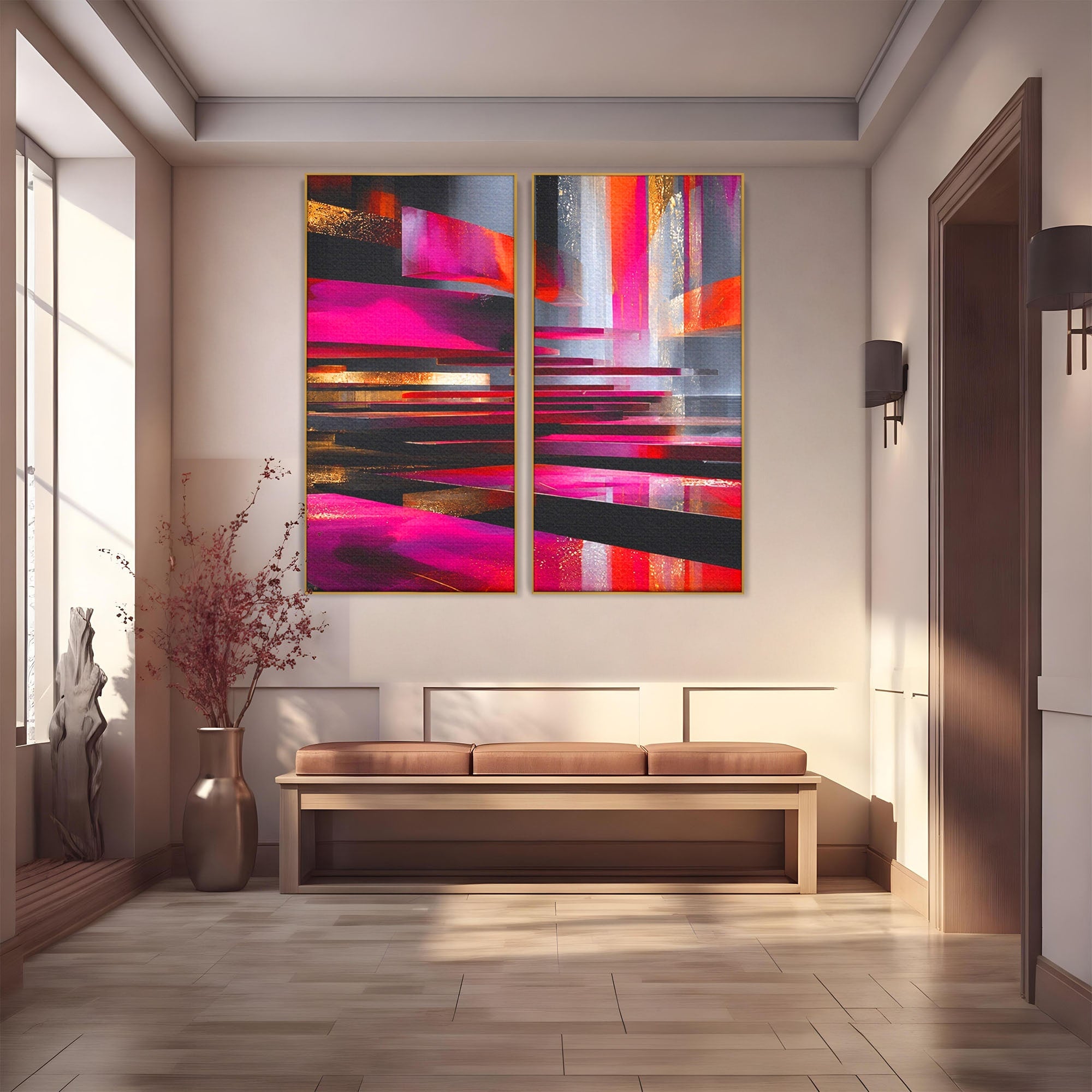 Set 2 Tablouri Canvas Premium LuxCanva® C2-1360, Arhitectura Abstracta, Abstract, Arhitectura, Modern, Living, Birou, Culori Vibrante