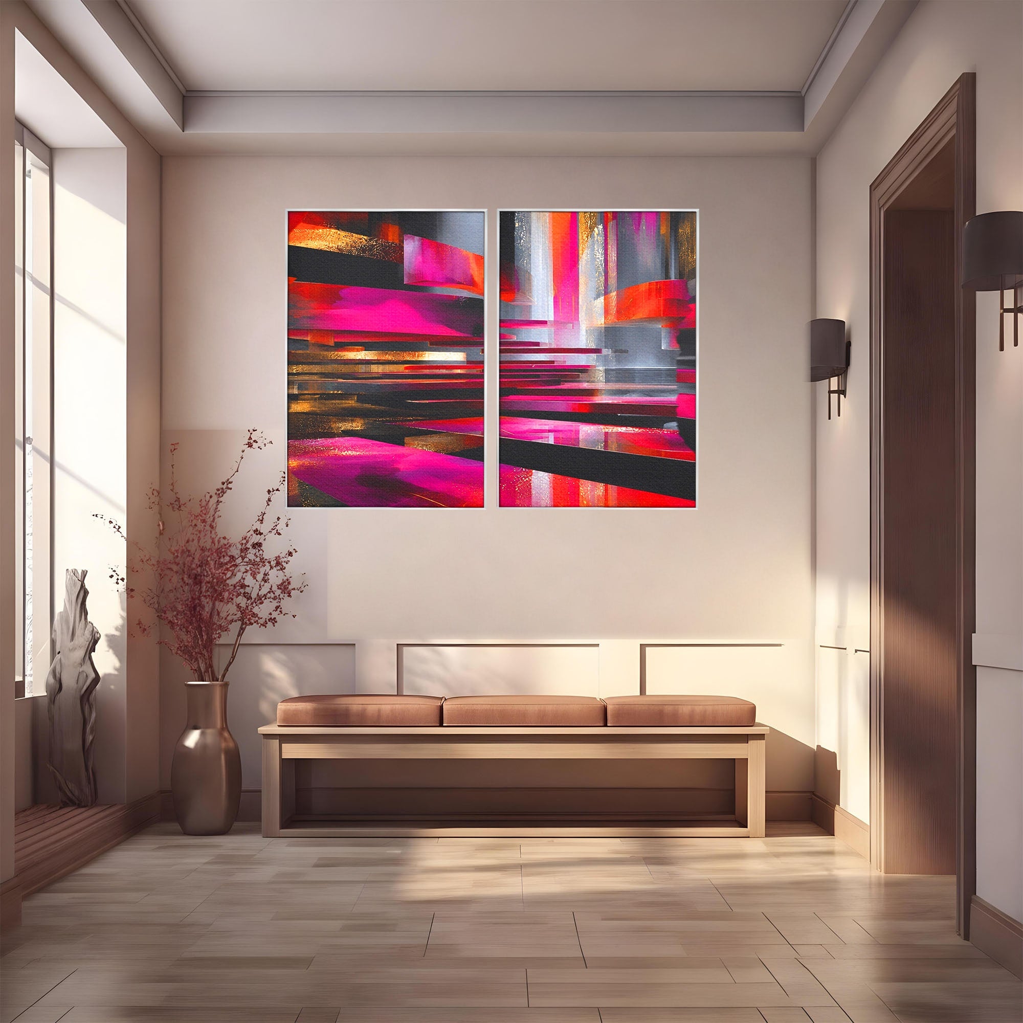 Set 2 Tablouri Canvas Premium LuxCanva® C2-1360, Arhitectura Abstracta, Abstract, Arhitectura, Modern, Living, Birou, Culori Vibrante
