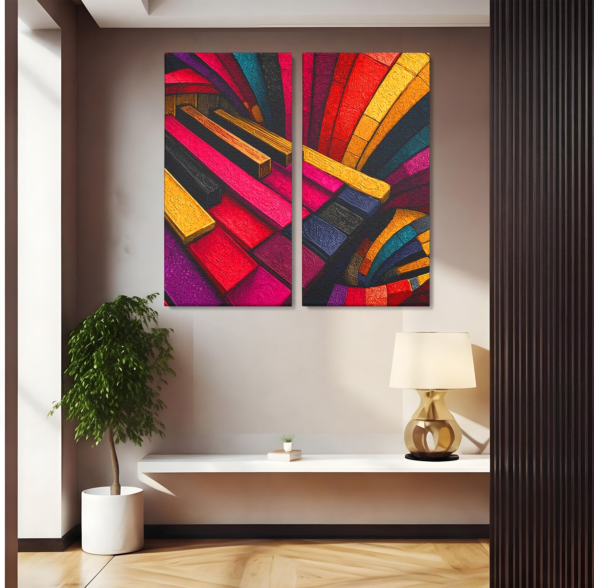 Set 2 Tablouri Canvas Premium LuxCanva® C2-1361, Pian Abstract, Pian, Abstract, Arta, Colorat, Living, Culori Vibrante