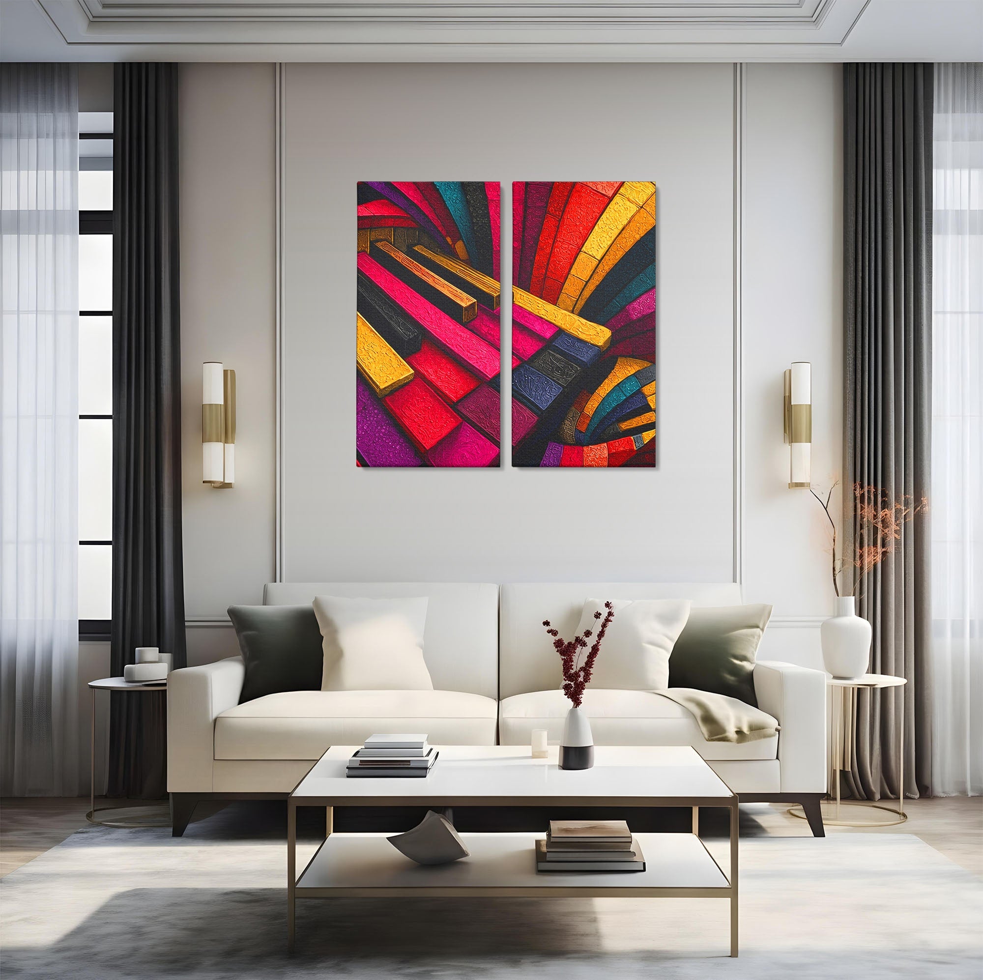 Set 2 Tablouri Canvas Premium LuxCanva® C2-1361, Pian Abstract, Pian, Abstract, Arta, Colorat, Living, Culori Vibrante
