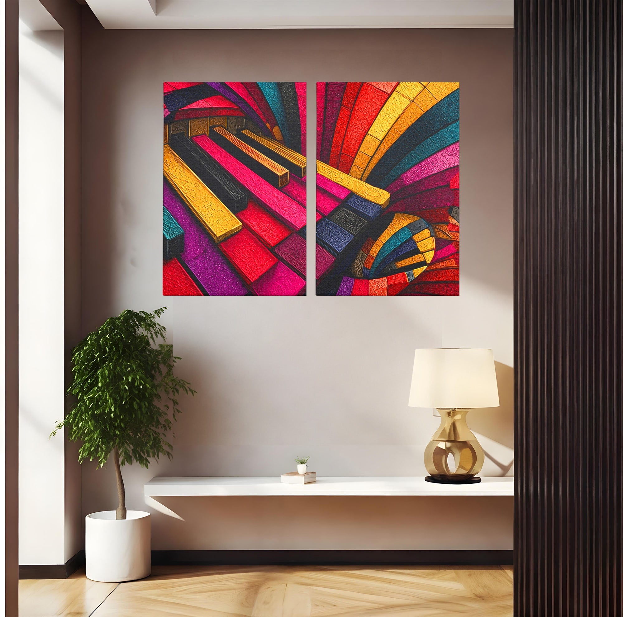 Set 2 Tablouri Canvas Premium LuxCanva® C2-1361, Pian Abstract, Pian, Abstract, Arta, Colorat, Living, Culori Vibrante
