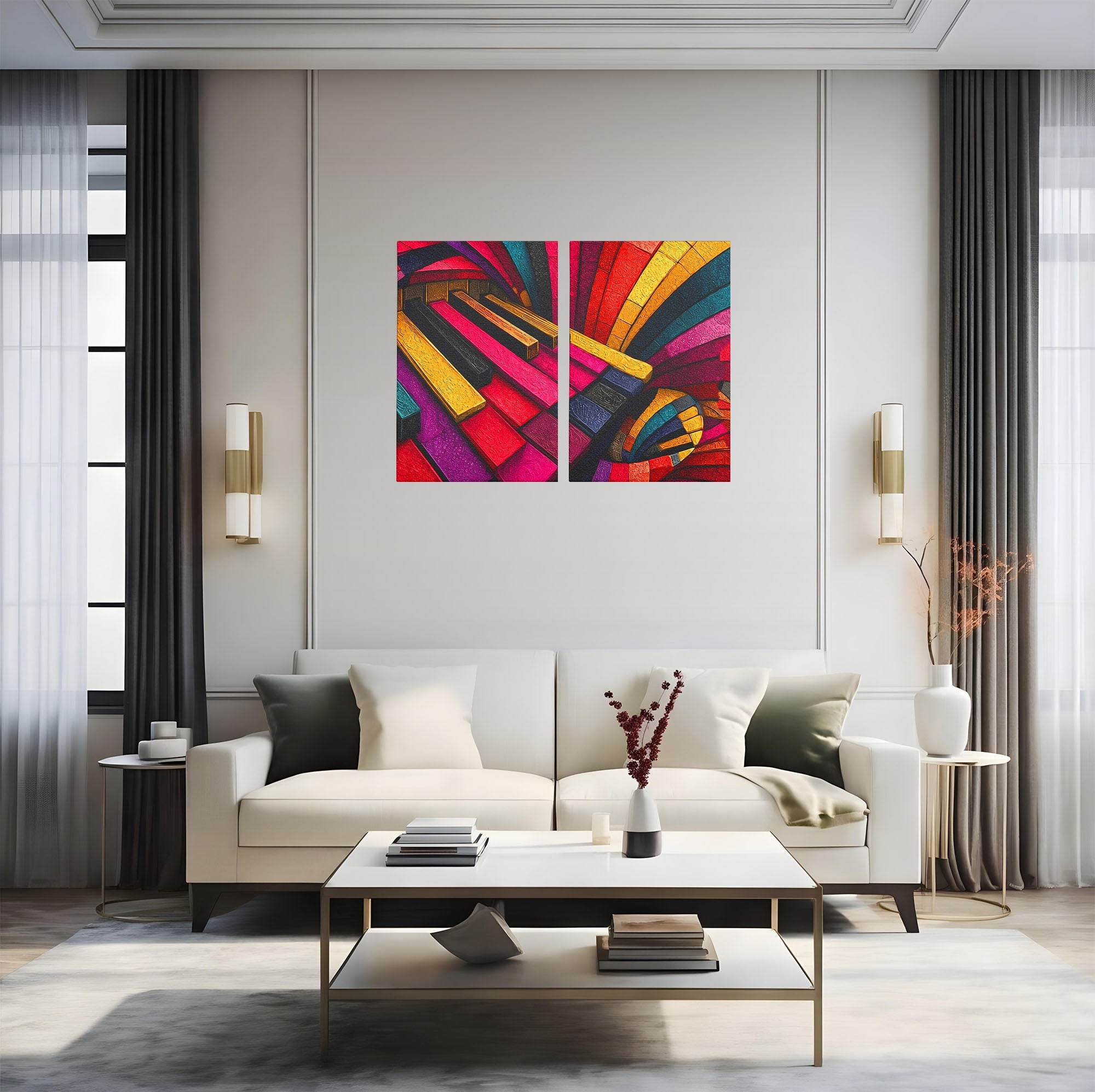 Set 2 Tablouri Canvas Premium LuxCanva® C2-1361, Pian Abstract, Pian, Abstract, Arta, Colorat, Living, Culori Vibrante