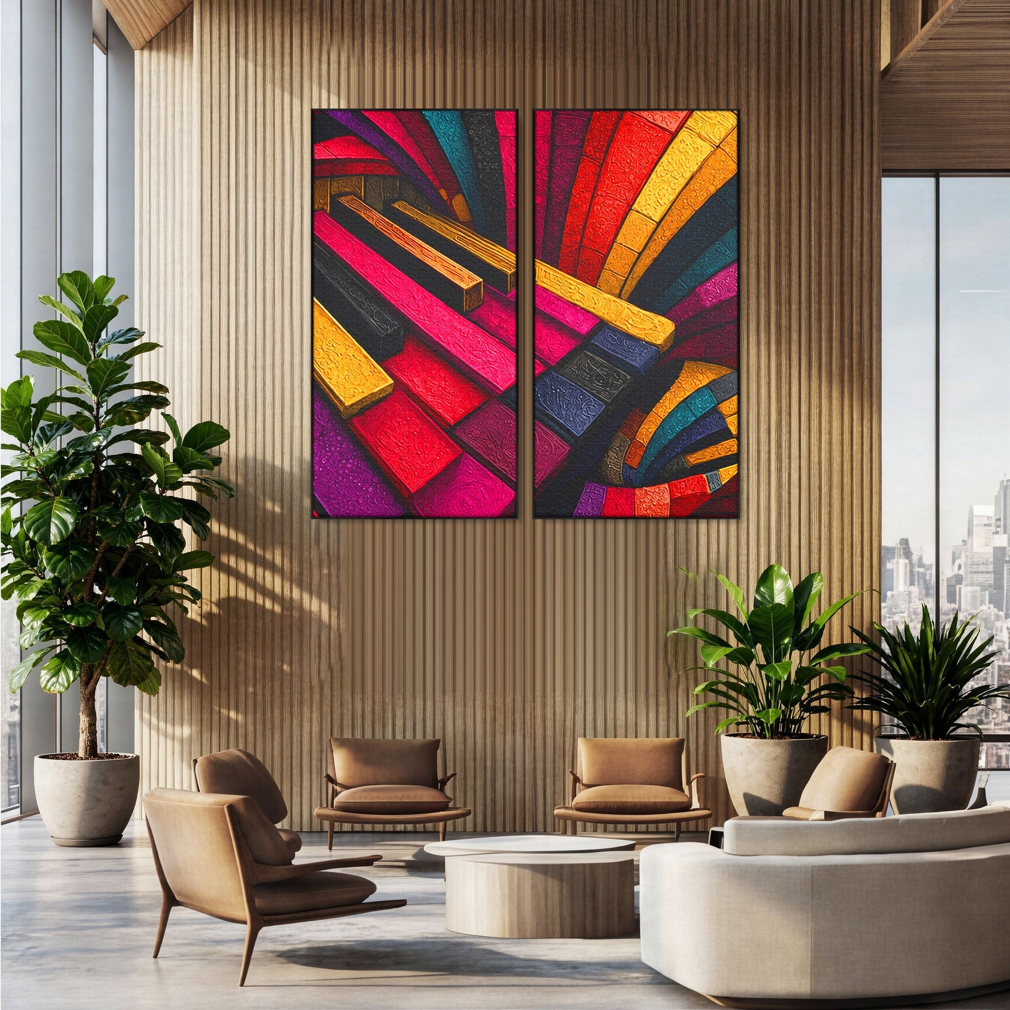 Set 2 Tablouri Canvas Premium LuxCanva® C2-1361, Pian Abstract, Pian, Abstract, Arta, Colorat, Living, Culori Vibrante