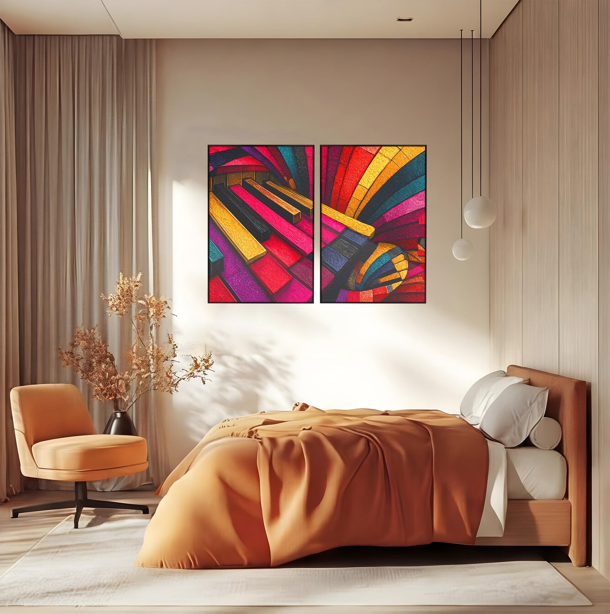 Set 2 Tablouri Canvas Premium LuxCanva® C2-1361, Pian Abstract, Pian, Abstract, Arta, Colorat, Living, Culori Vibrante