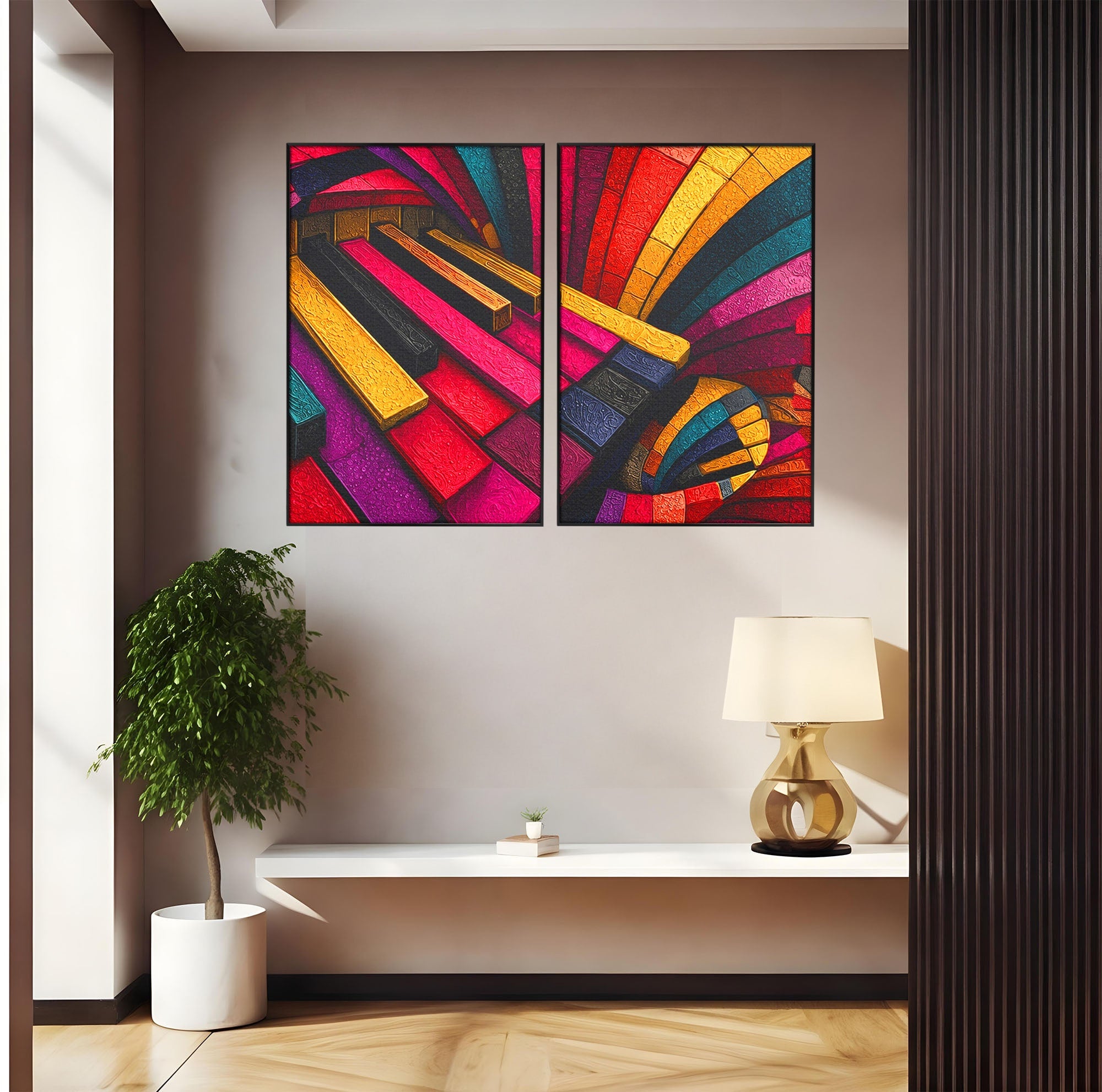 Set 2 Tablouri Canvas Premium LuxCanva® C2-1361, Pian Abstract, Pian, Abstract, Arta, Colorat, Living, Culori Vibrante
