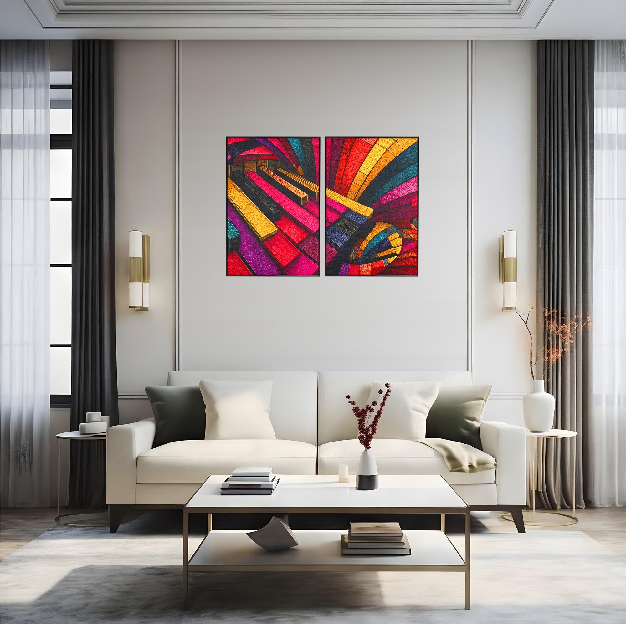 Set 2 Tablouri Canvas Premium LuxCanva® C2-1361, Pian Abstract, Pian, Abstract, Arta, Colorat, Living, Culori Vibrante
