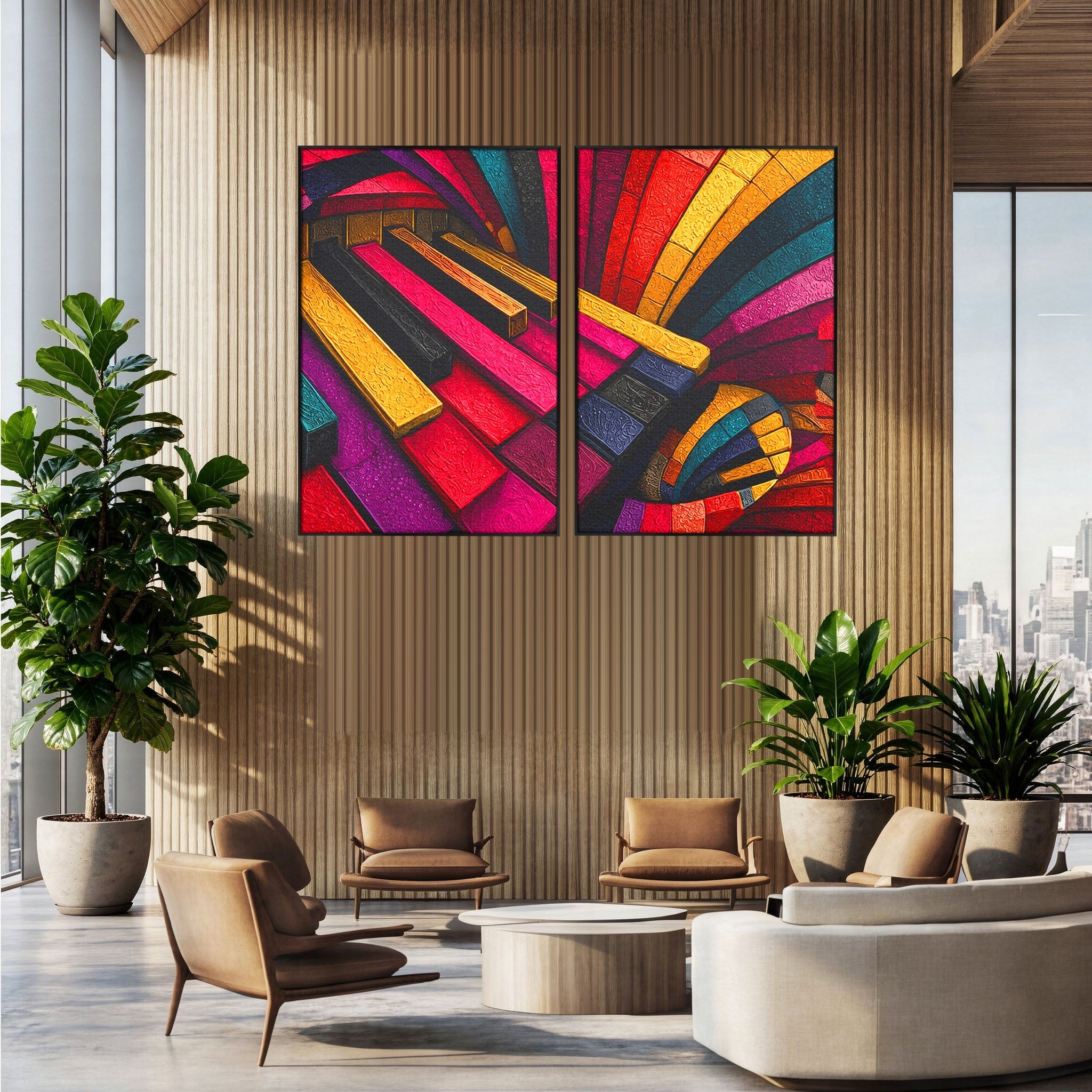 Set 2 Tablouri Canvas Premium LuxCanva® C2-1361, Pian Abstract, Pian, Abstract, Arta, Colorat, Living, Culori Vibrante