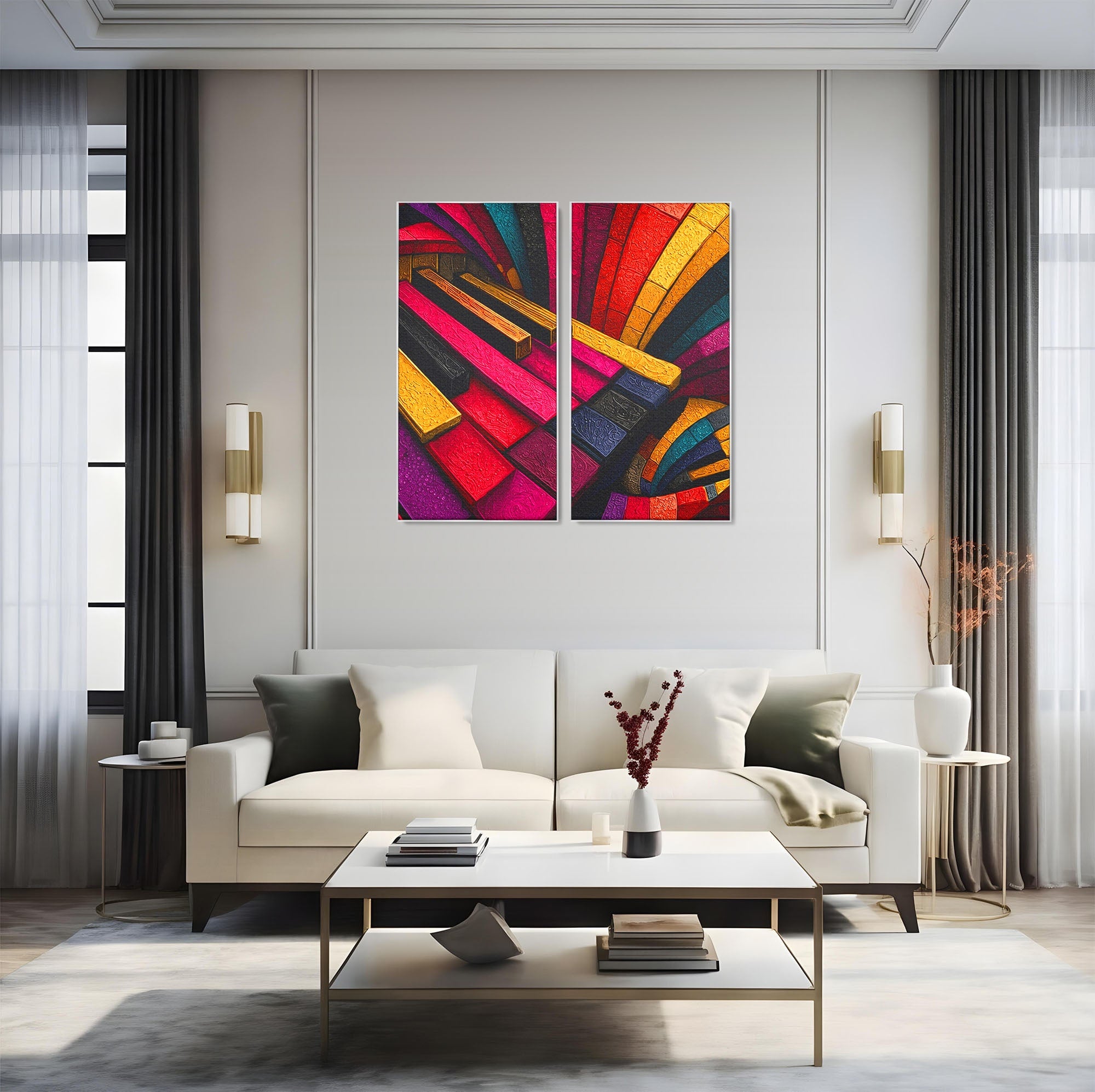 Set 2 Tablouri Canvas Premium LuxCanva® C2-1361, Pian Abstract, Pian, Abstract, Arta, Colorat, Living, Culori Vibrante