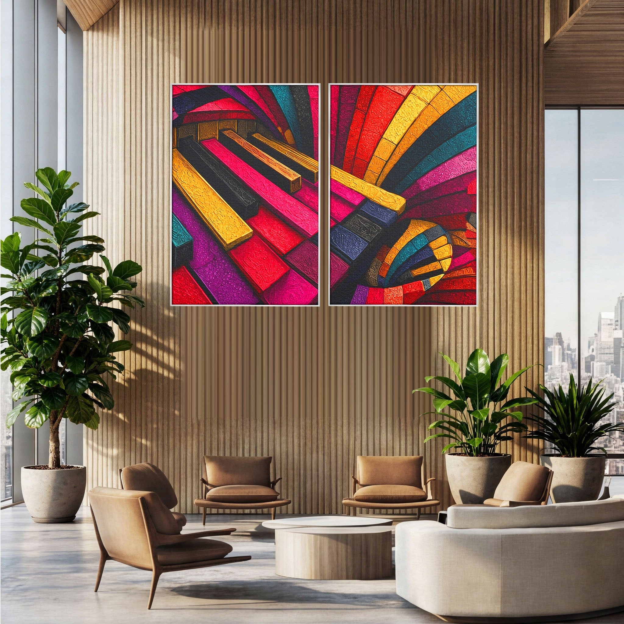 Set 2 Tablouri Canvas Premium LuxCanva® C2-1361, Pian Abstract, Pian, Abstract, Arta, Colorat, Living, Culori Vibrante