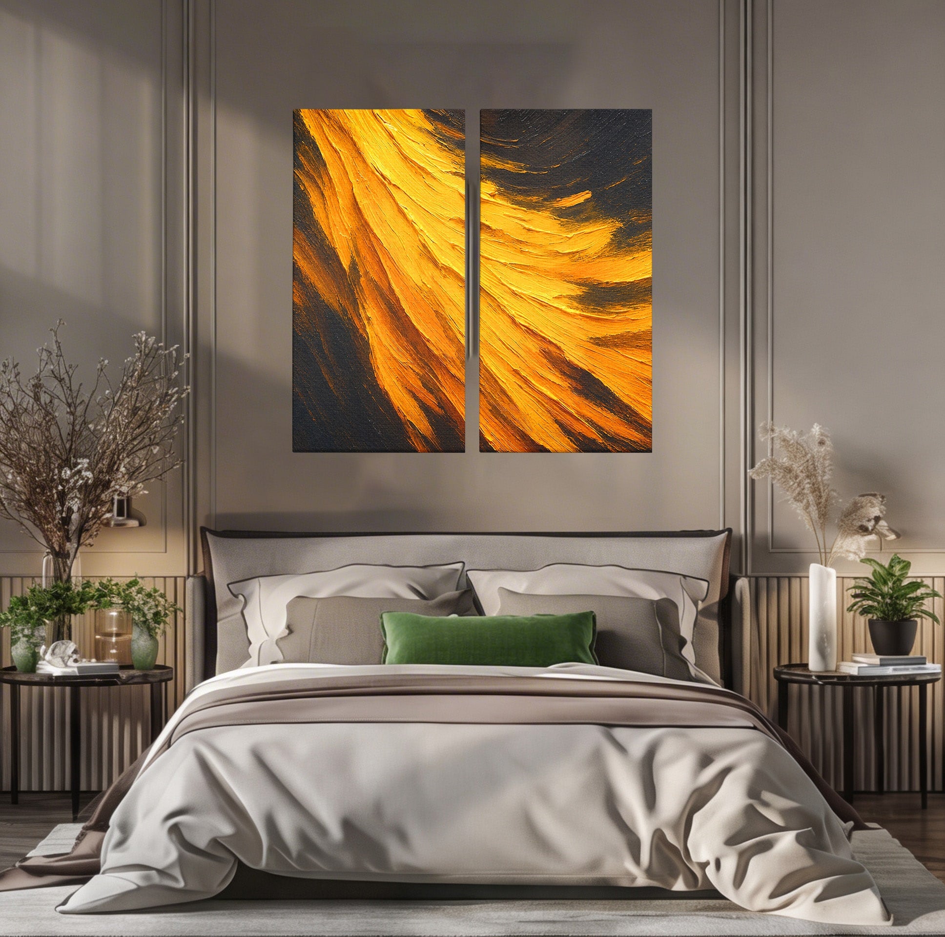 Set 2 Tablouri Canvas Premium LuxCanva® C2-1362, Vortex Auriu, Abstract, Vortex, Textura, Arta Moderna, Living, Culori Vibrante