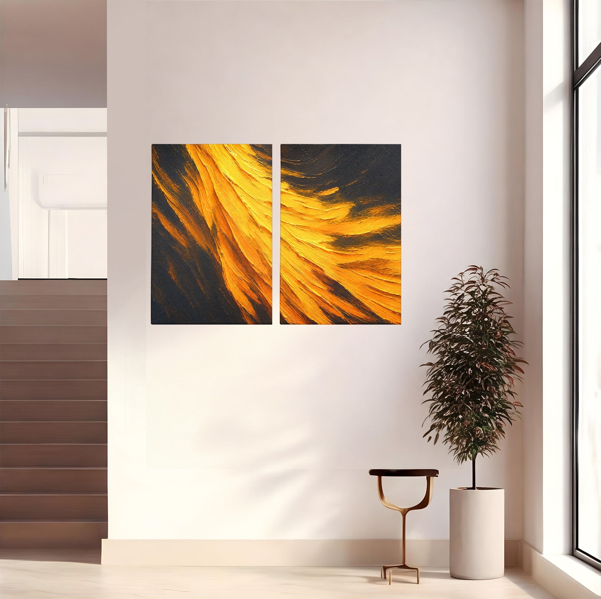Set 2 Tablouri Canvas Premium LuxCanva® C2-1362, Vortex Auriu, Abstract, Vortex, Textura, Arta Moderna, Living, Culori Vibrante