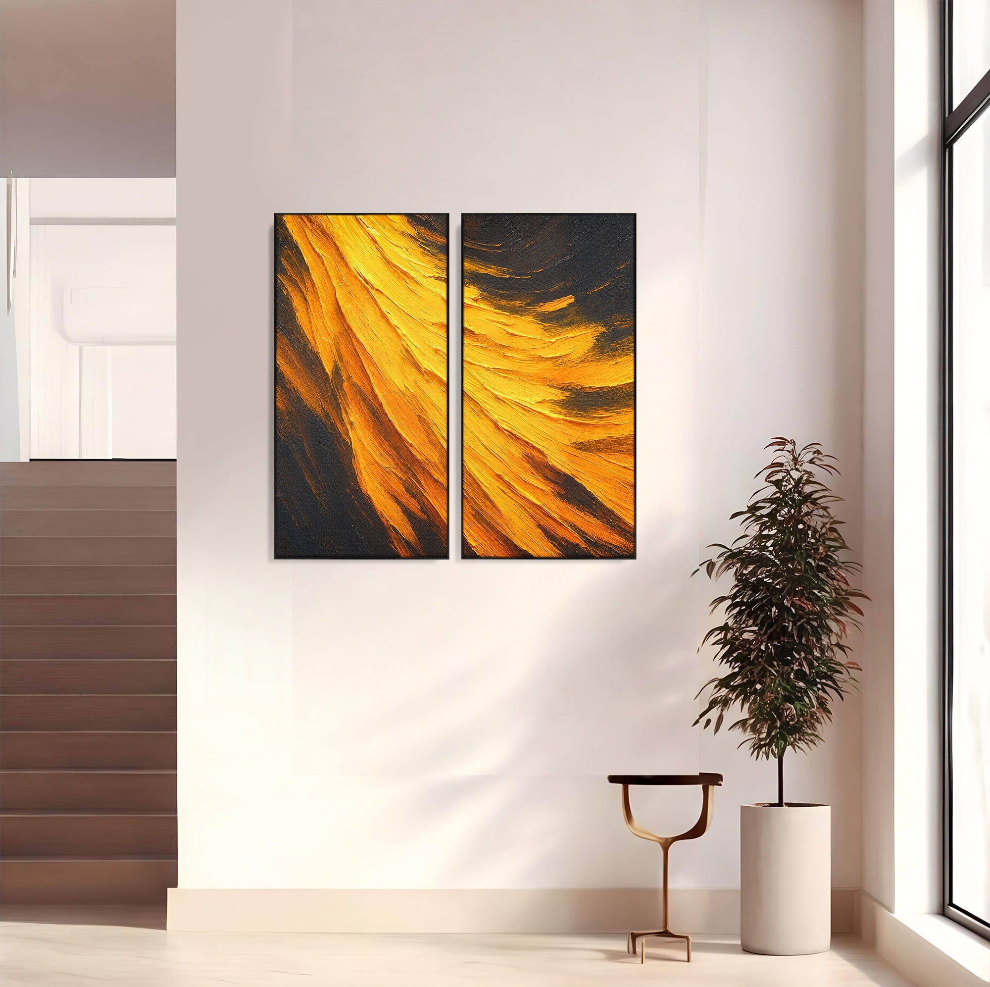 Set 2 Tablouri Canvas Premium LuxCanva® C2-1362, Vortex Auriu, Abstract, Vortex, Textura, Arta Moderna, Living, Culori Vibrante