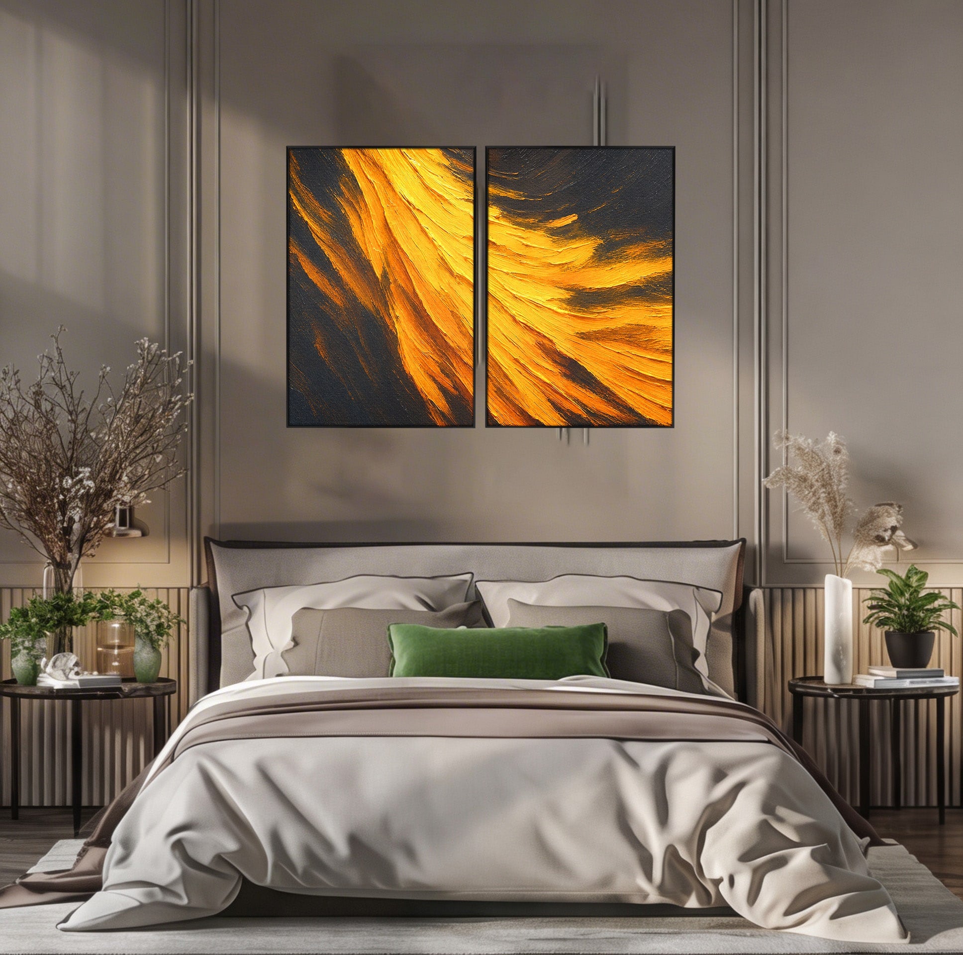 Set 2 Tablouri Canvas Premium LuxCanva® C2-1362, Vortex Auriu, Abstract, Vortex, Textura, Arta Moderna, Living, Culori Vibrante