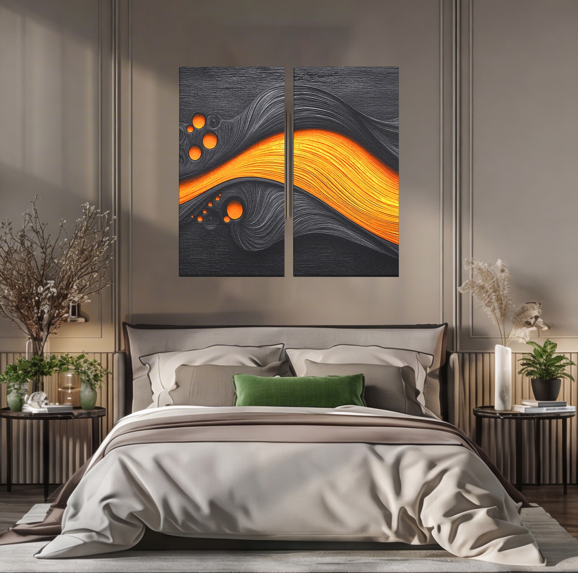 Set 2 Tablouri Canvas Premium LuxCanva® C2-1377, Flux Abstract Portocaliu, Abstract, Modern, Arta, Design, Living, Birou, Culori Vibrante
