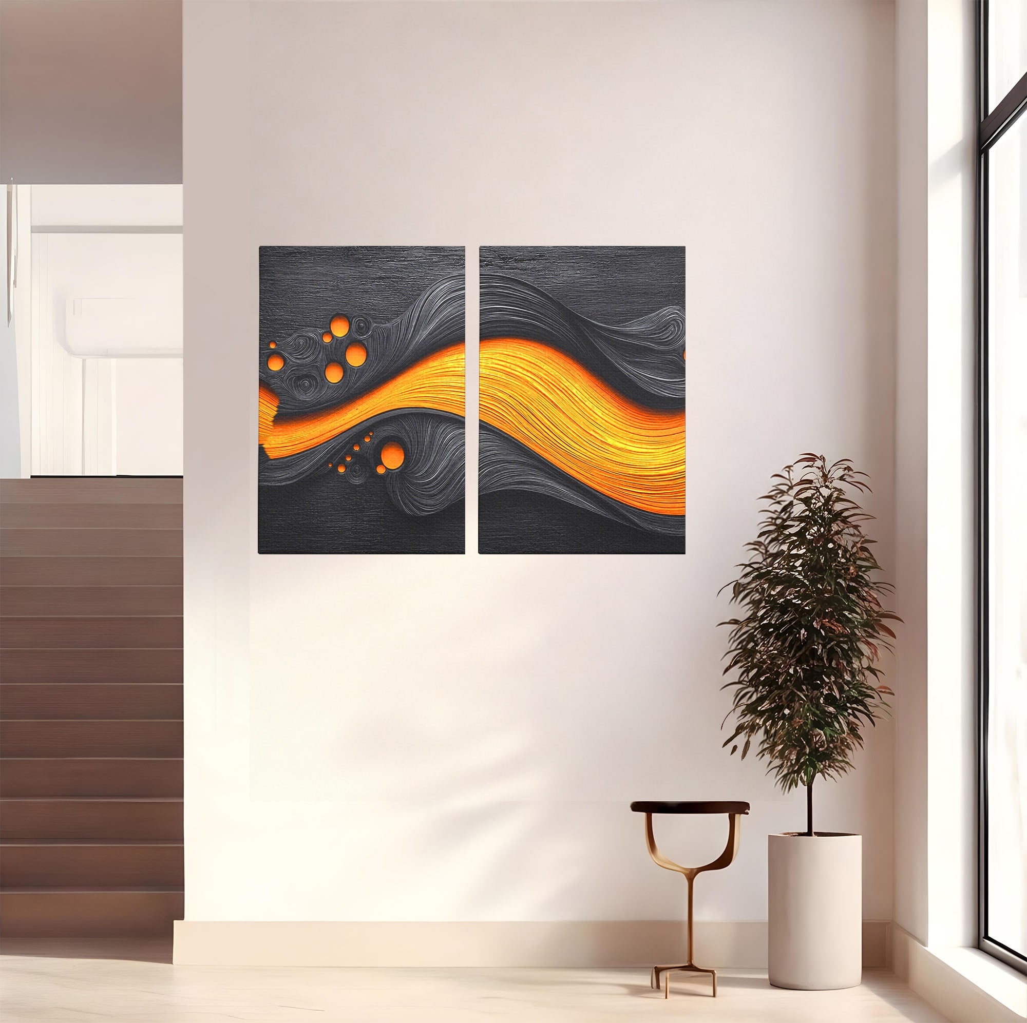Set 2 Tablouri Canvas Premium LuxCanva® C2-1377, Flux Abstract Portocaliu, Abstract, Modern, Arta, Design, Living, Birou, Culori Vibrante