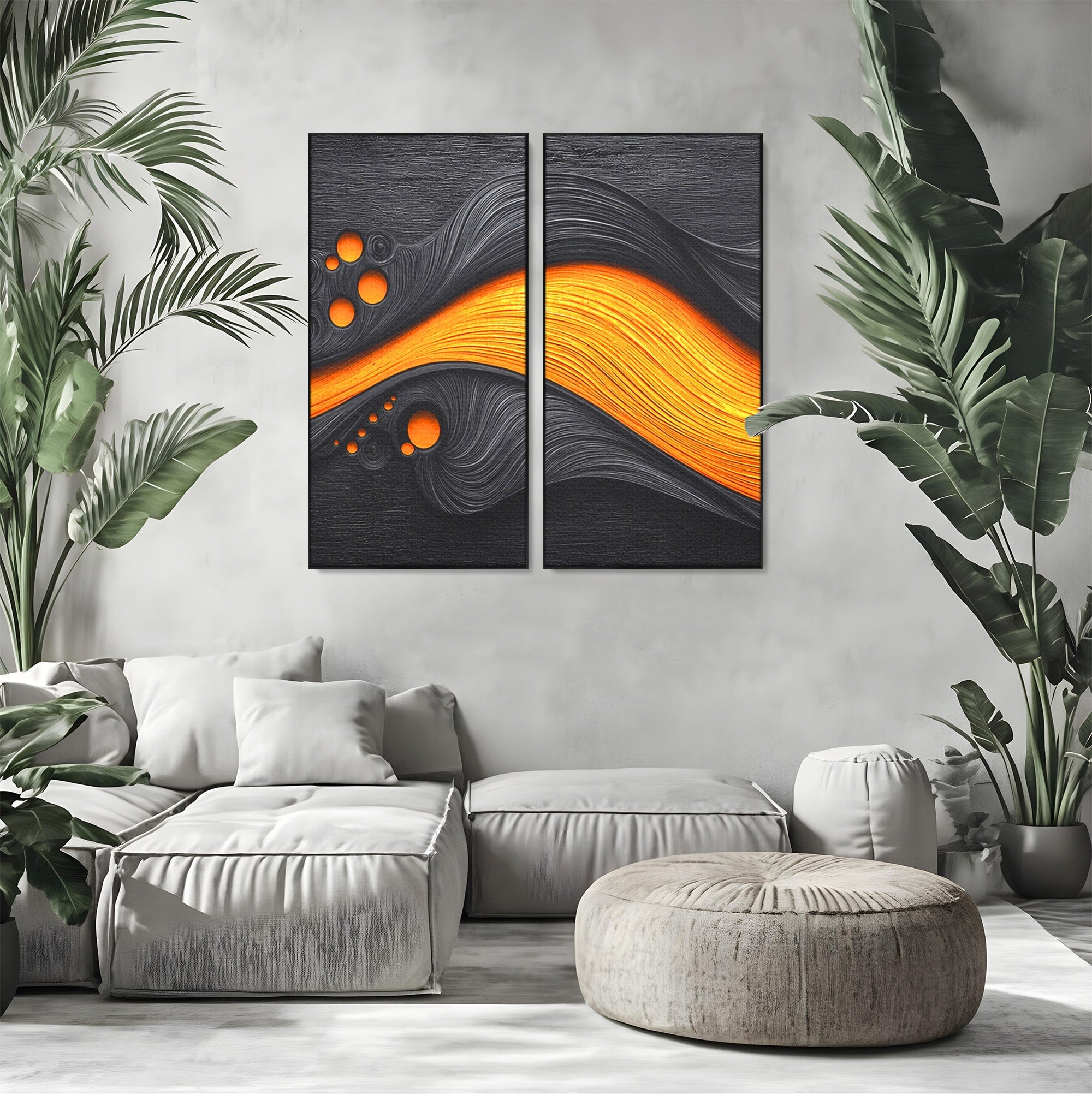 Set 2 Tablouri Canvas Premium LuxCanva® C2-1377, Flux Abstract Portocaliu, Abstract, Modern, Arta, Design, Living, Birou, Culori Vibrante