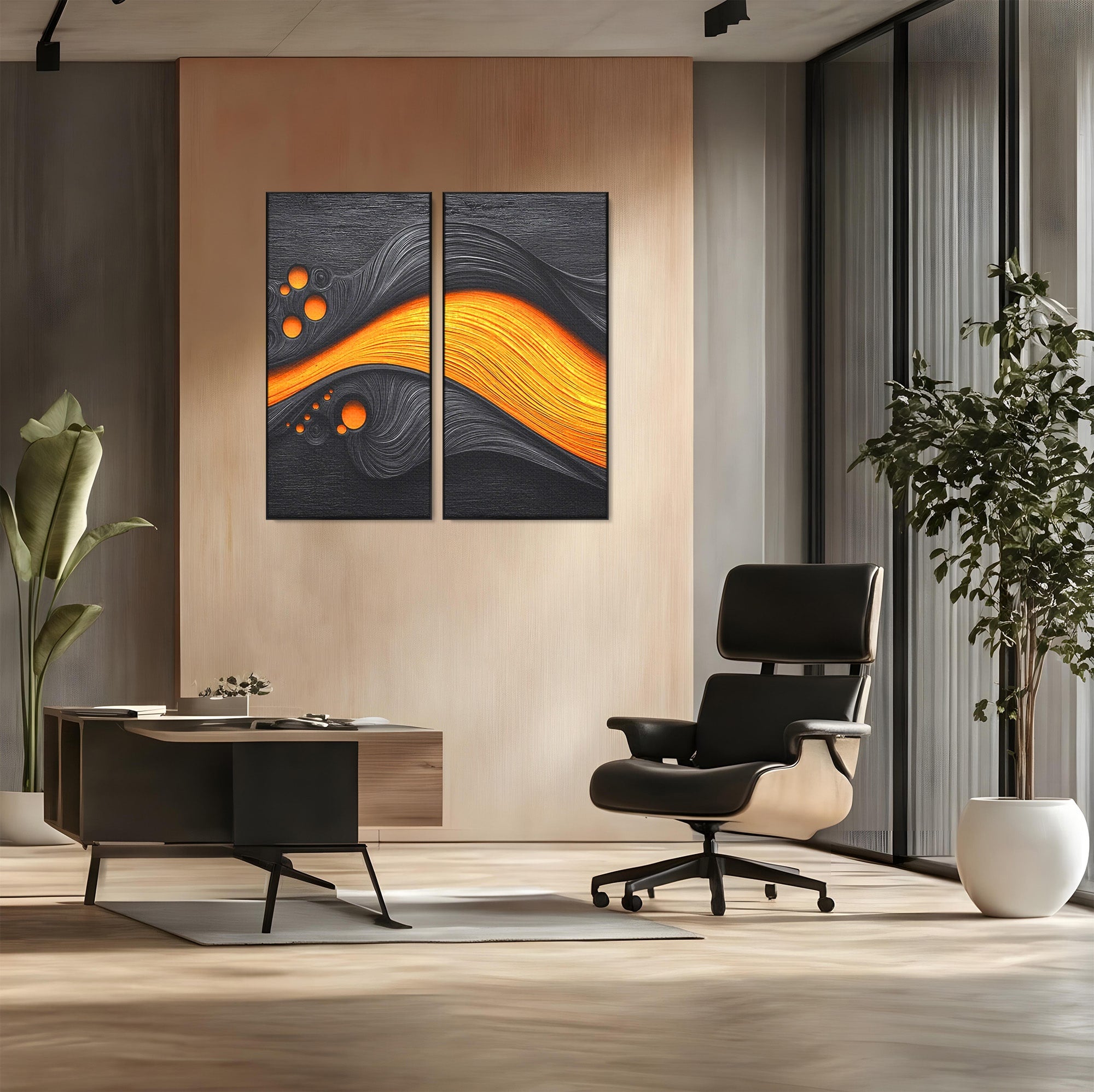 Set 2 Tablouri Canvas Premium LuxCanva® C2-1377, Flux Abstract Portocaliu, Abstract, Modern, Arta, Design, Living, Birou, Culori Vibrante