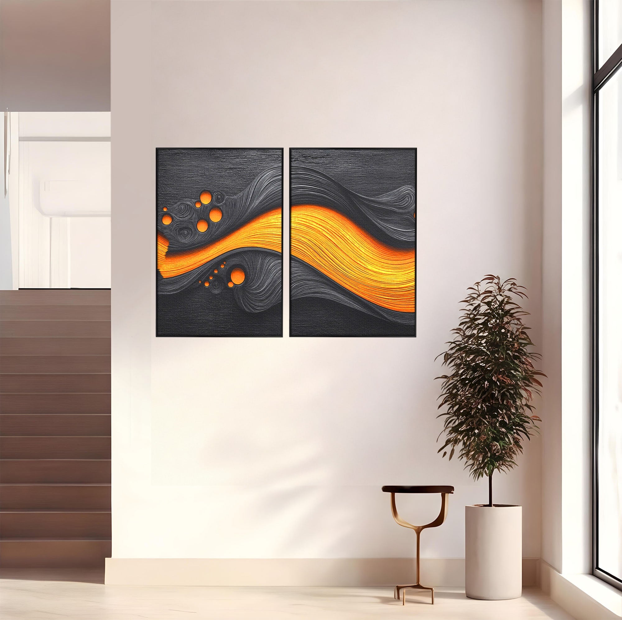 Set 2 Tablouri Canvas Premium LuxCanva® C2-1377, Flux Abstract Portocaliu, Abstract, Modern, Arta, Design, Living, Birou, Culori Vibrante