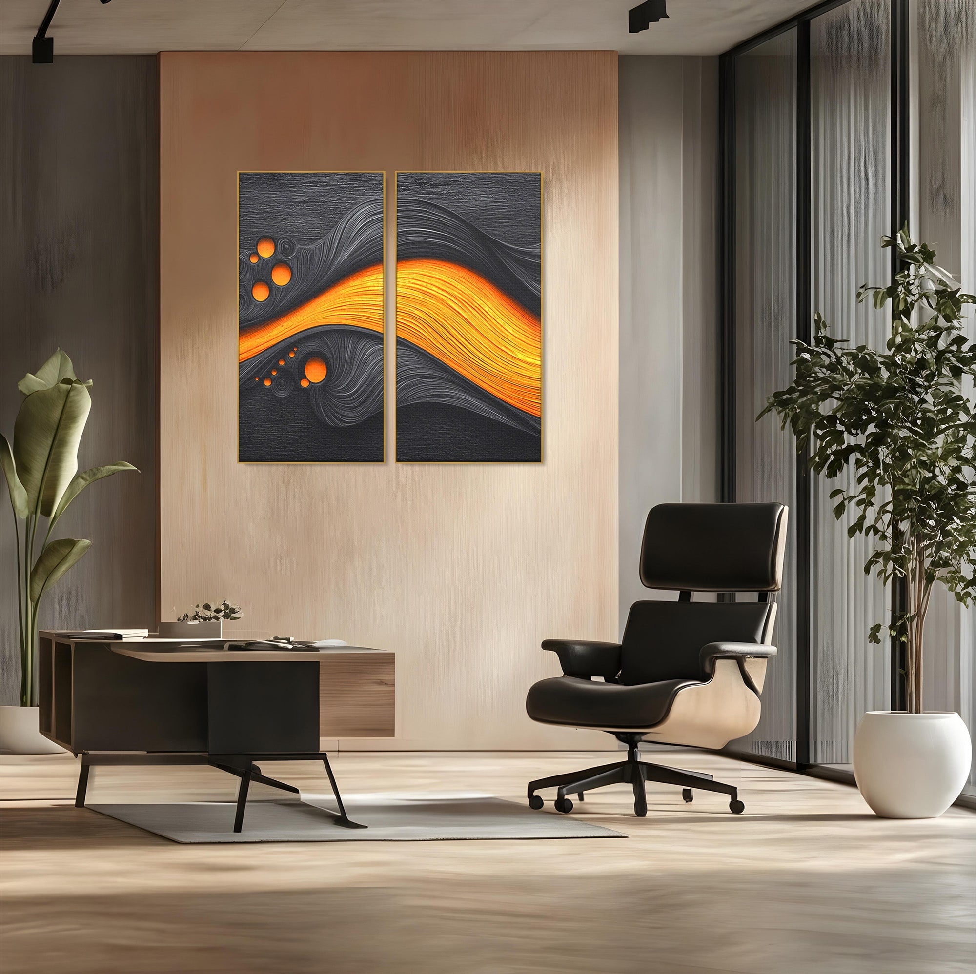 Set 2 Tablouri Canvas Premium LuxCanva® C2-1377, Flux Abstract Portocaliu, Abstract, Modern, Arta, Design, Living, Birou, Culori Vibrante