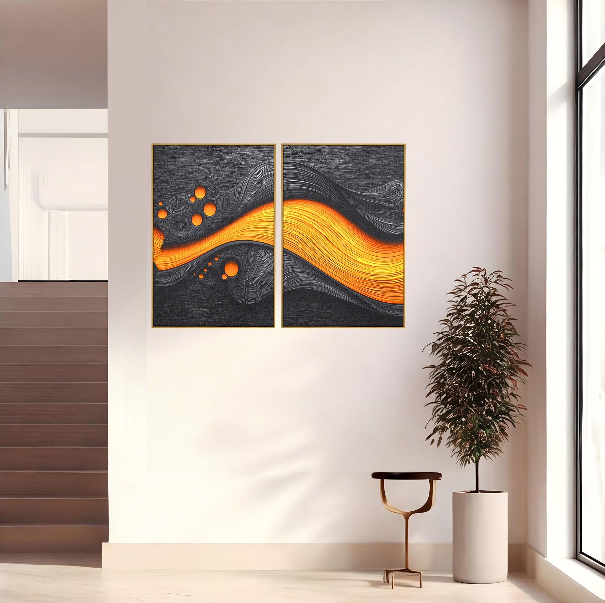 Set 2 Tablouri Canvas Premium LuxCanva® C2-1377, Flux Abstract Portocaliu, Abstract, Modern, Arta, Design, Living, Birou, Culori Vibrante