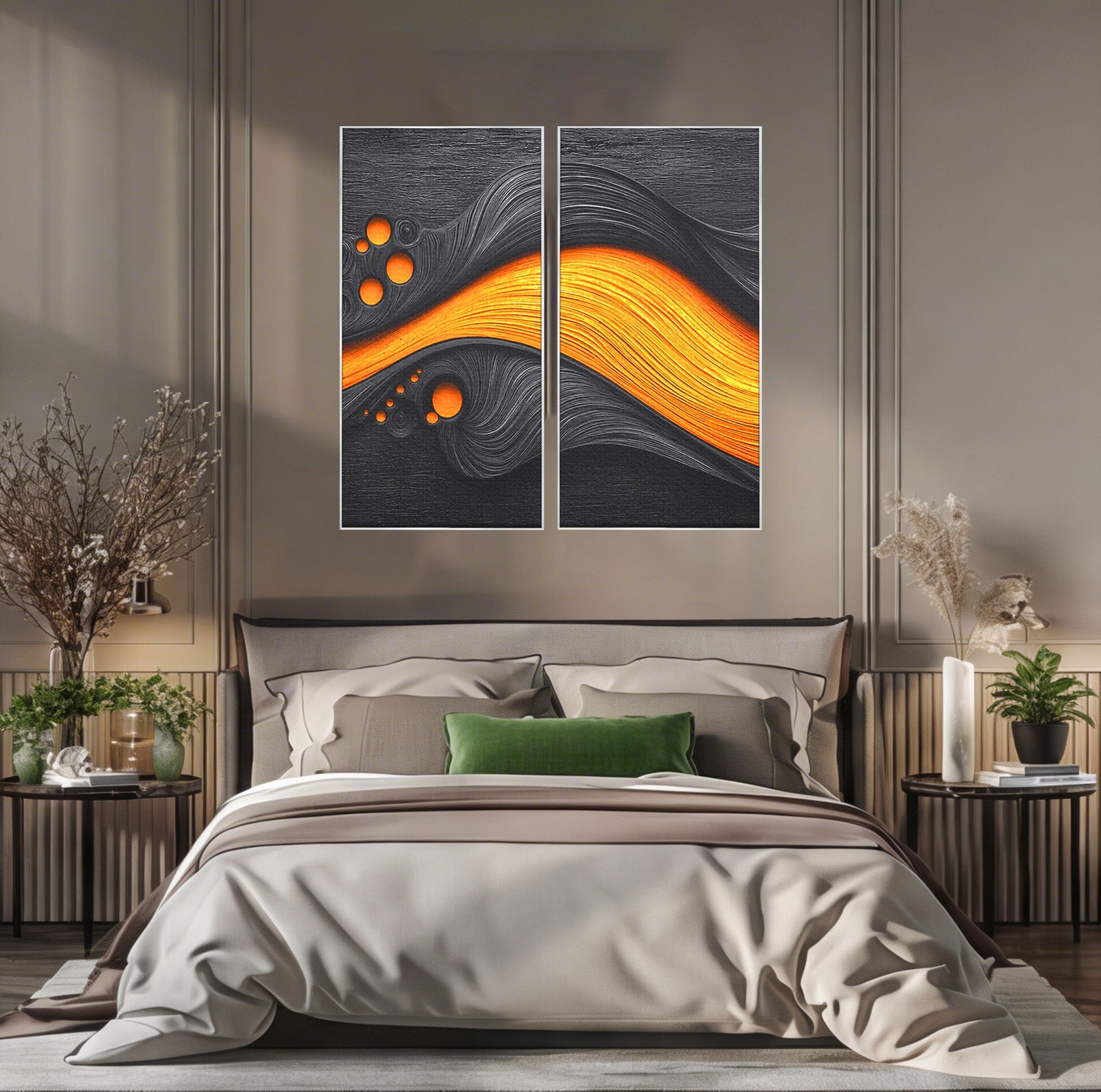 Set 2 Tablouri Canvas Premium LuxCanva® C2-1377, Flux Abstract Portocaliu, Abstract, Modern, Arta, Design, Living, Birou, Culori Vibrante